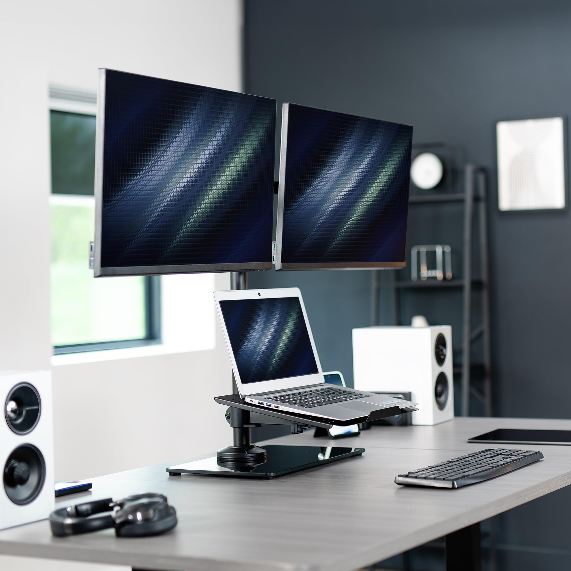 VIVO Dual Monitor and Laptop Stand with Glass Base - Adjustable Freestanding Desk Mount for 32 inch Screens & 17 inch Laptops, Black (STAND-V003FGL) - Perfect for Home Office, Gaming Setup, and Workspace Organization