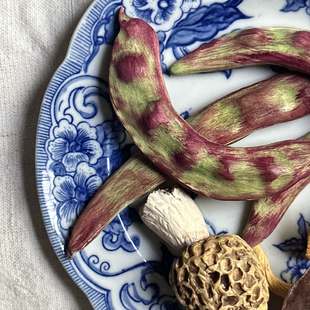 Christine Viennet Trompe l'Oeil Porcelain Plate - Elegant Beans & Mushrooms Design - Perfect for Dining Decor & Art Display (#17)