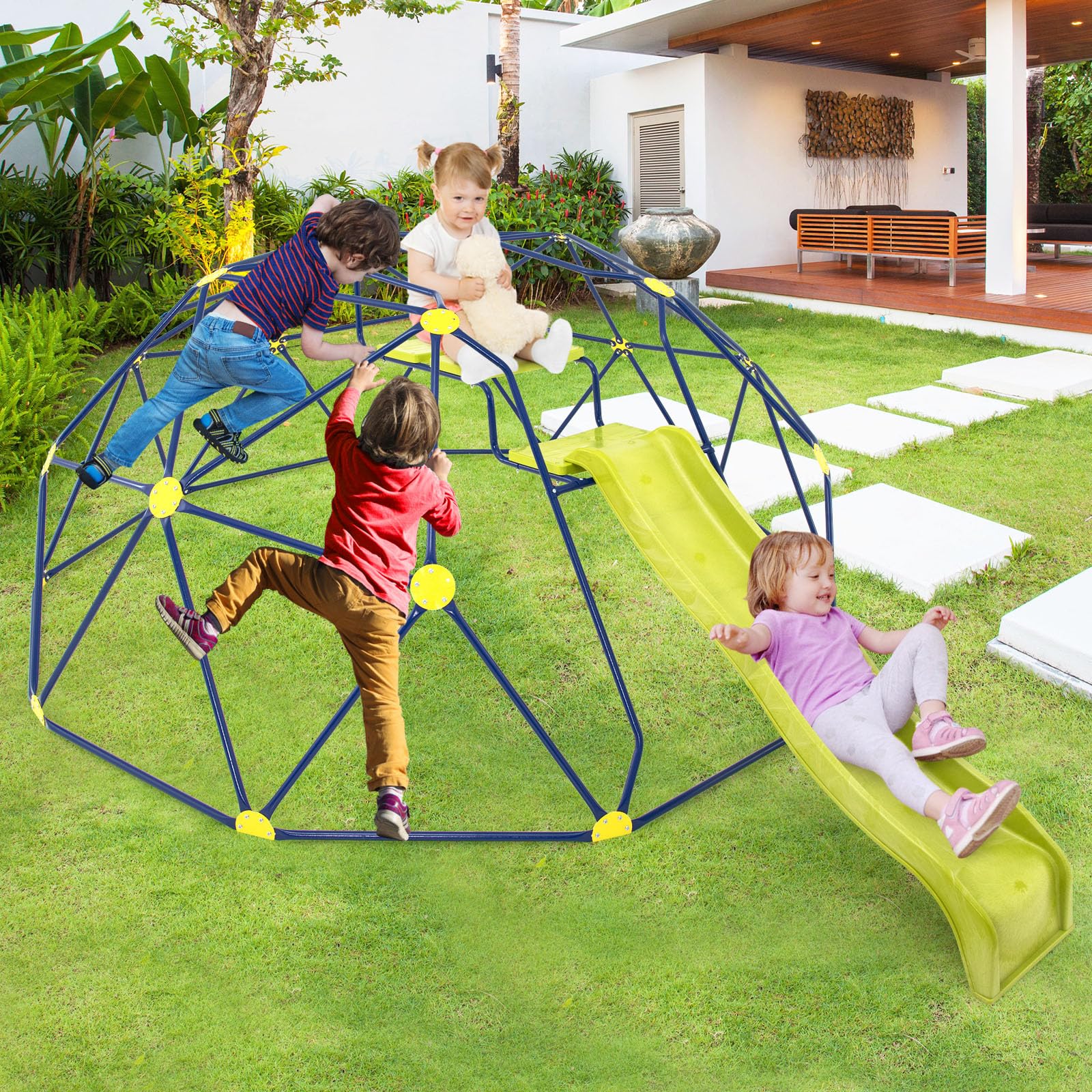 HONEY JOY 10FT Outdoor Climbing Dome with Wave Slide - Kids Jungle Gym Monkey Bars for Backyard, Geometric Dome Climber Playground Equipment for Toddlers Age 3-8 | Perfect Birthday Gift for Boys & Girls | Ideal for Outdoor Play, Backyard Adventures, and Preschool Playgrounds