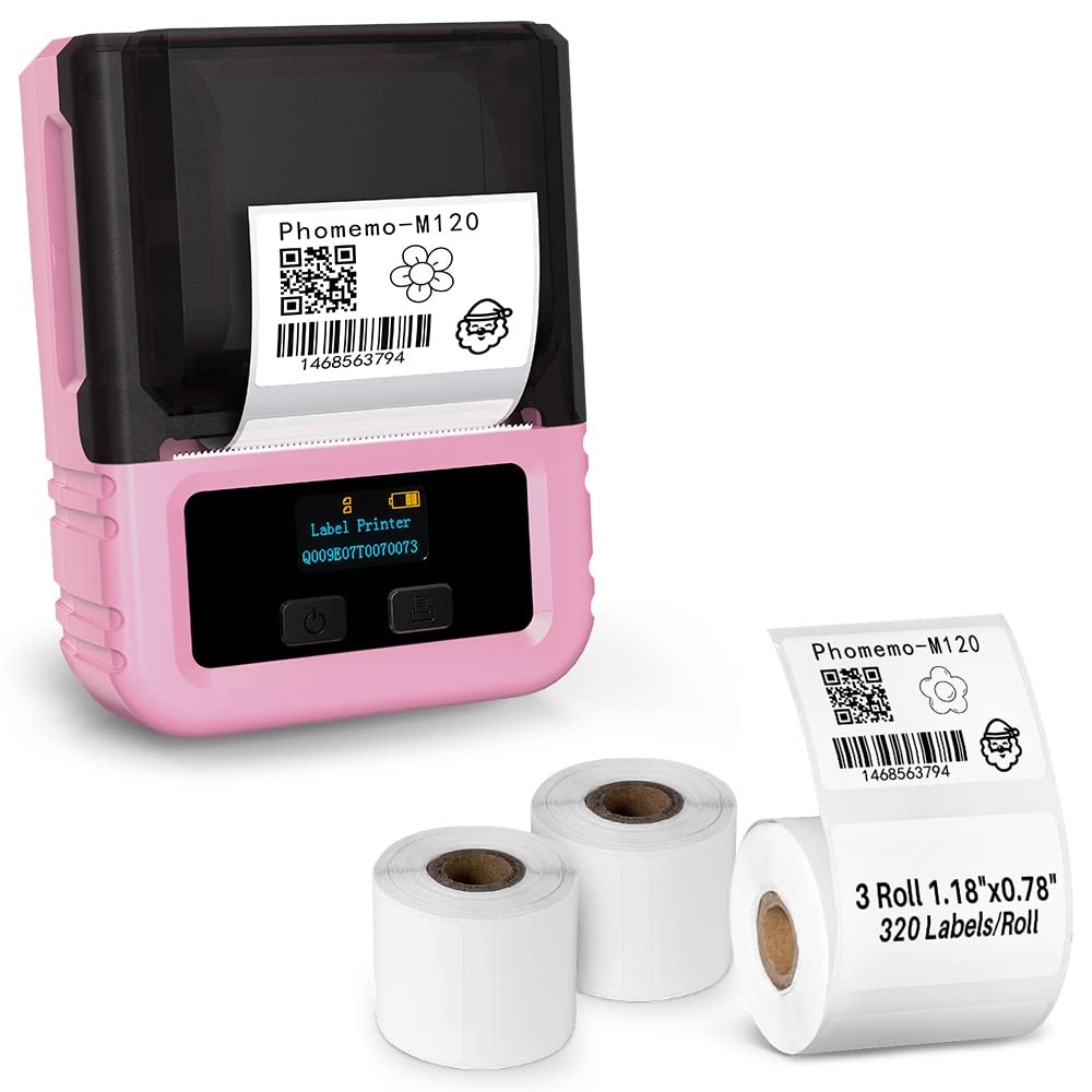 Phomemo M120 Pink Bluetooth Label Maker - Portable Thermal Sticker Printer for Clothing, Jewelry & Retail - Includes 3 Rolls 1.18
