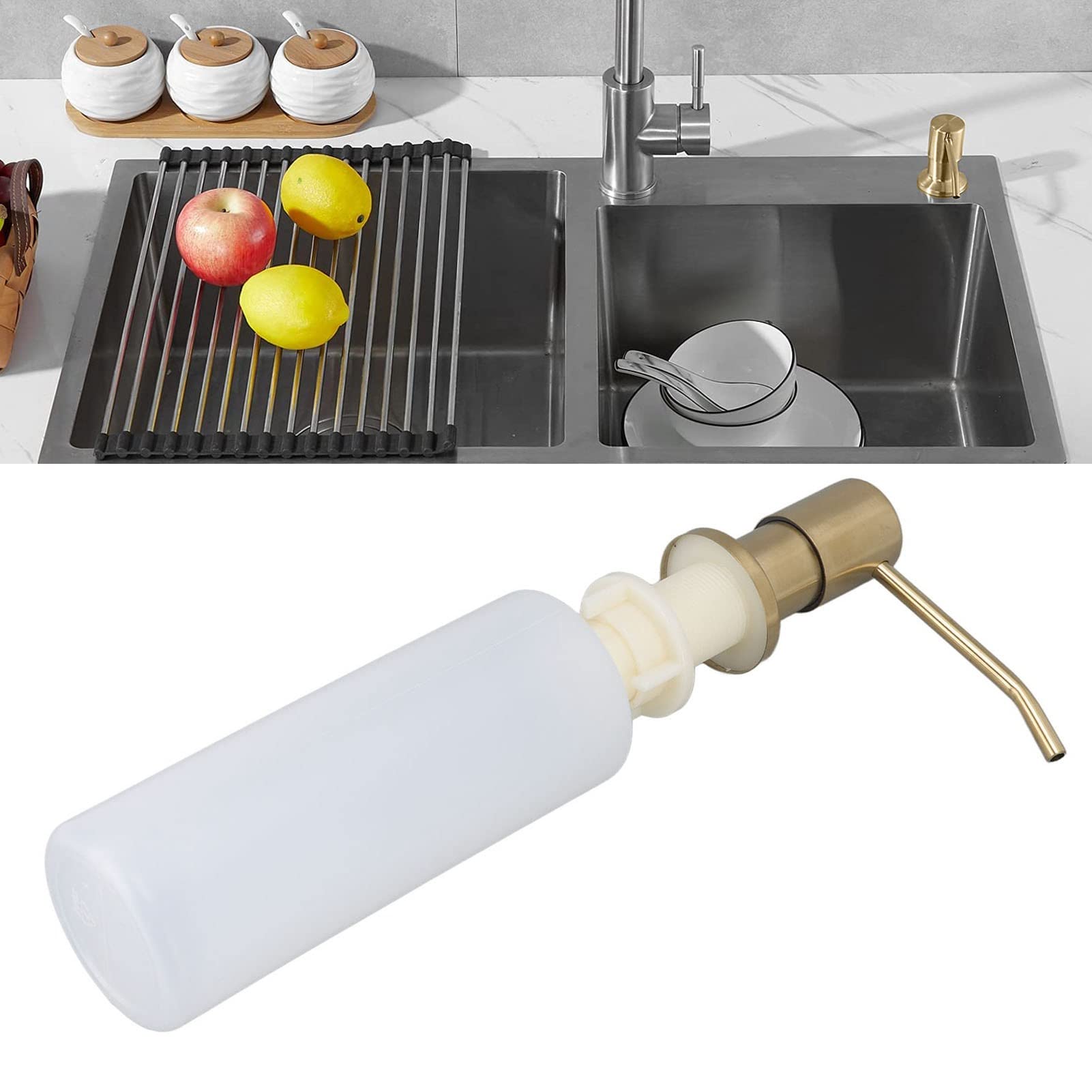 360° Rotating Stainless Steel Soap Dispenser for Kitchen Sink - 300ml Built-in Soap Pump with Durable Gold Finish | Perfect for Liquid Dish Soap, Hand Soap & Kitchen Cleaning Essentials