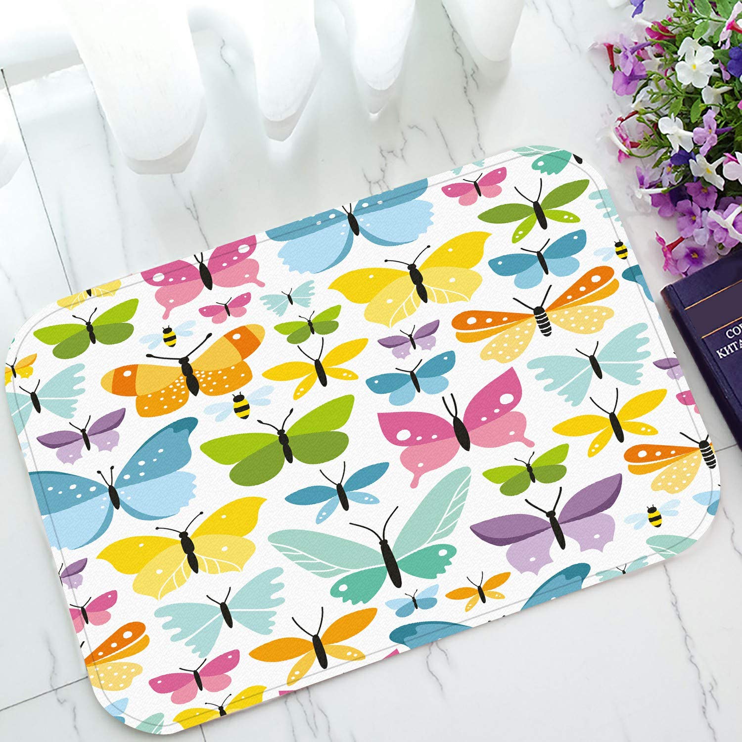 Colorful Butterflies Welcome Doormat - Non-Slip Bath & Entrance Rug - 23.6x15.7 Inch Indoor/Outdoor Floor Mat for Home Decor, Front Door, Porch, Bathroom & Patio Use