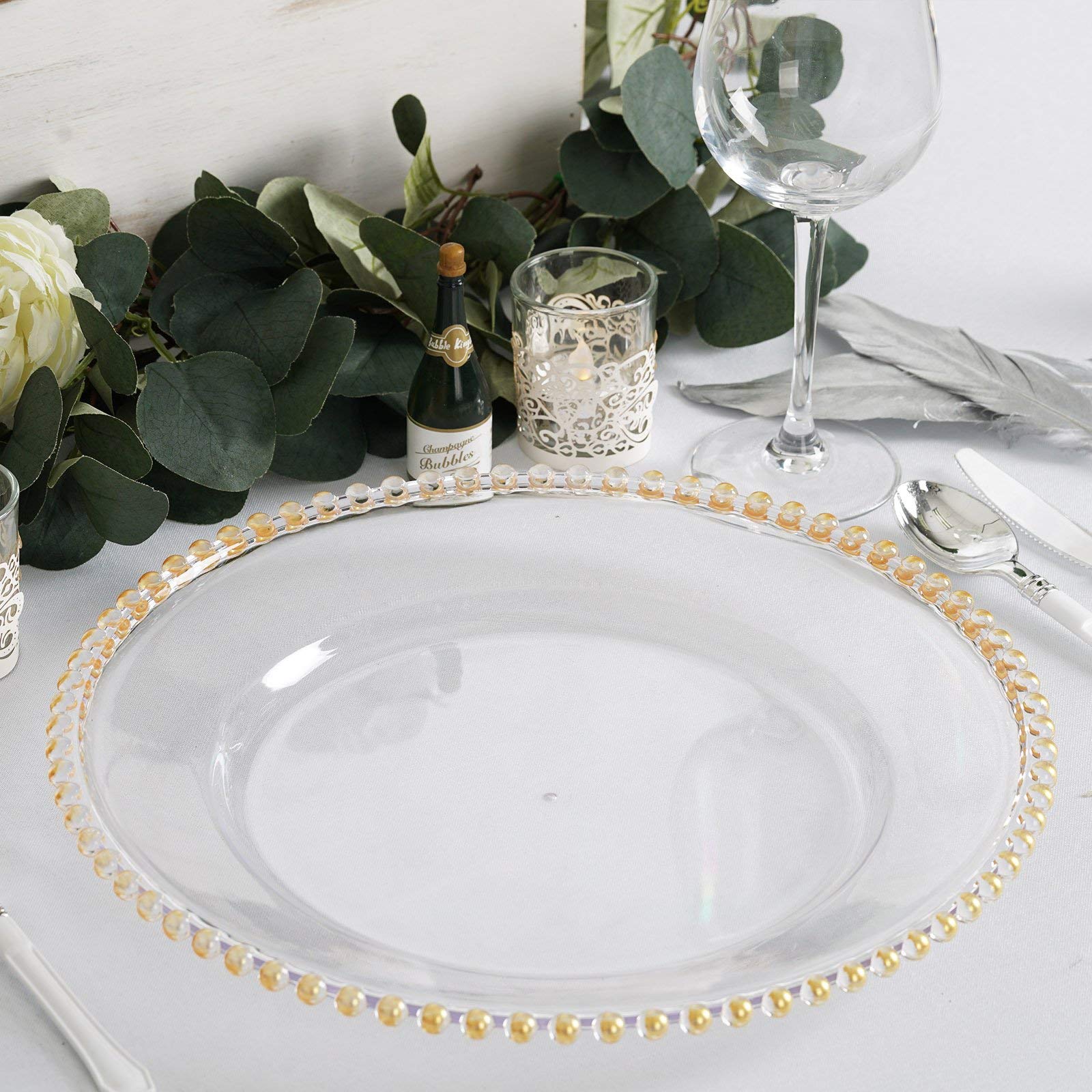 6 Pack 12 Inch Gold Clear Acrylic Round Charger Plates with Beaded Rim - Elegant Dinner Plates for Wedding, Party & Holiday Table Decor