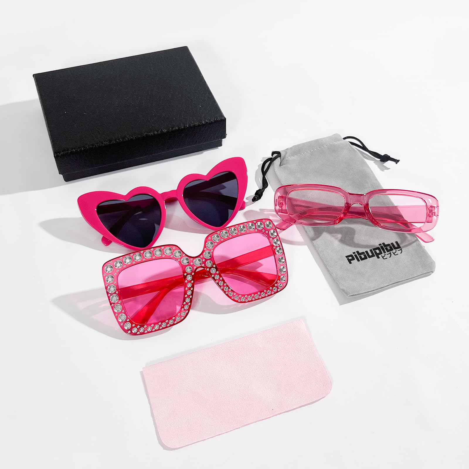 Pibupibu 3-Pack Oversized Sunglasses Set for Women & Men - Heart, Rectangle & Crystal Retro Y2K Style | Trendy Party, Beach, Festival & Everyday Fashion Accessories