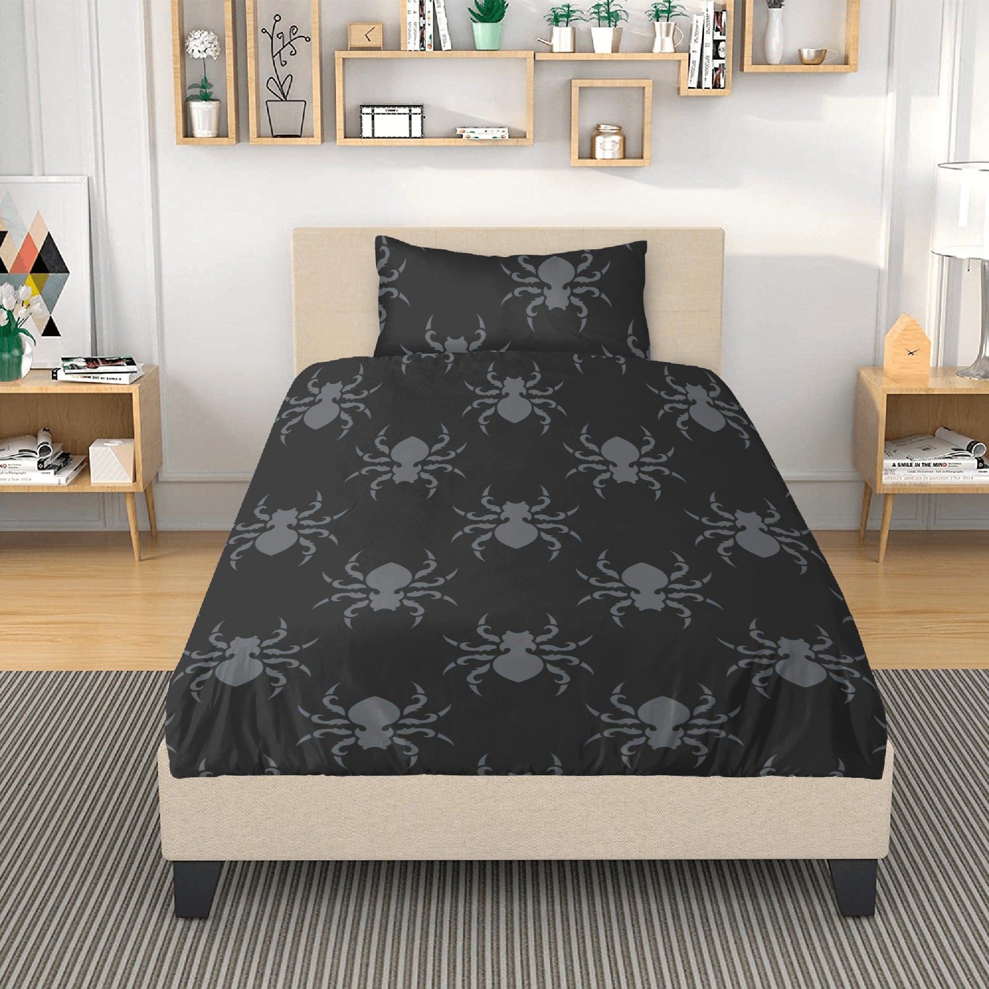 Goth Spider 3-Piece Bedding Set - Black Gothic Spiderweb Comforter, Pillowcases & Sheet for Halloween Decor, Horror Theme Bedroom, or Alternative Aesthetic Lovers