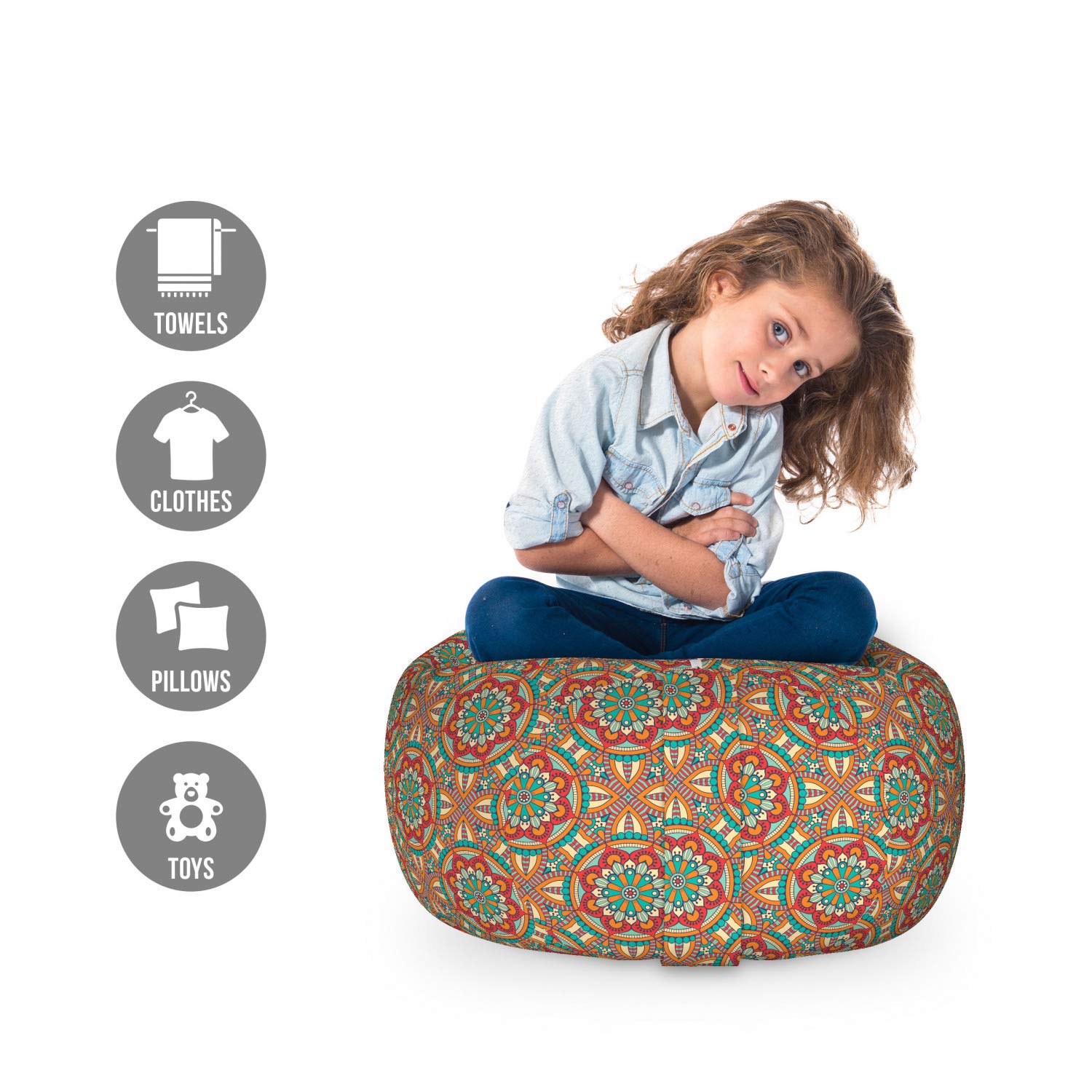 Ambesonne Tribal Storage Toy Bag Chair - Oriental Flower Pattern Abstract Paisley Design, Washable Stuffed Animal Organizer for Kids Room, Small Multicolor Bean Bag - Perfect for Nursery, Playroom & Bedroom Organization