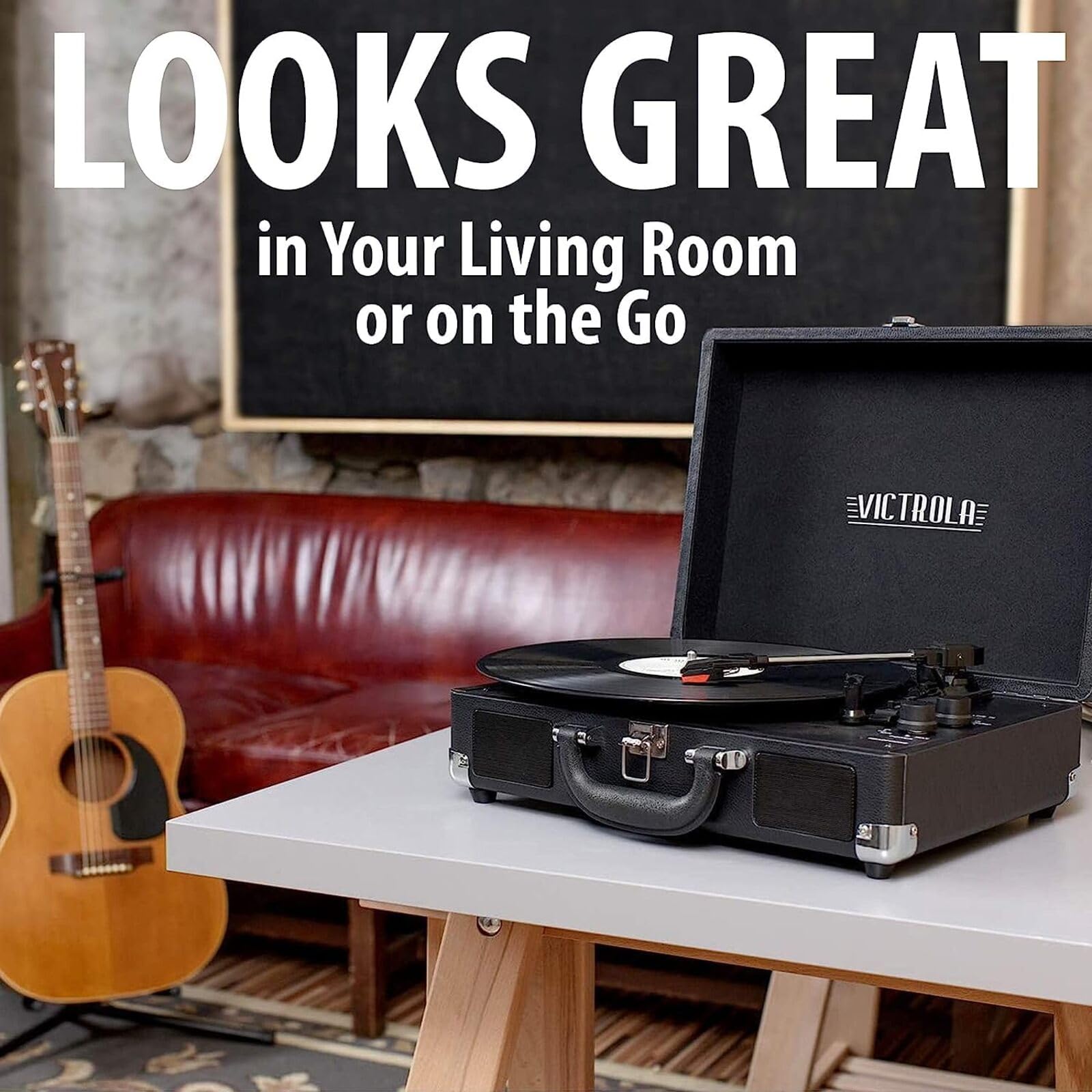 Victrola Journey+ Signature Turntable - 3-Speed Vinyl Record Player with Bluetooth, Built-in Speakers & RCA Output, Linen Finish in Cream - Perfect for Home, Office, and Travel Use