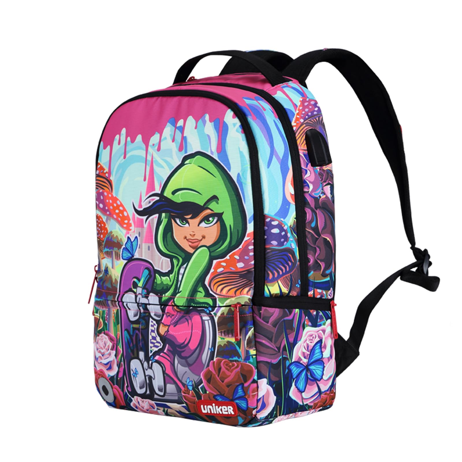 UNIKER Stylish Laptop Backpack for Women & Girls - USB Charging Port, Water Resistant, Fits 15.6 Inch Laptop - Graffiti Design School Backpack, Travel & Skateboard Friendly - Perfect for Work, College & Daily Commute