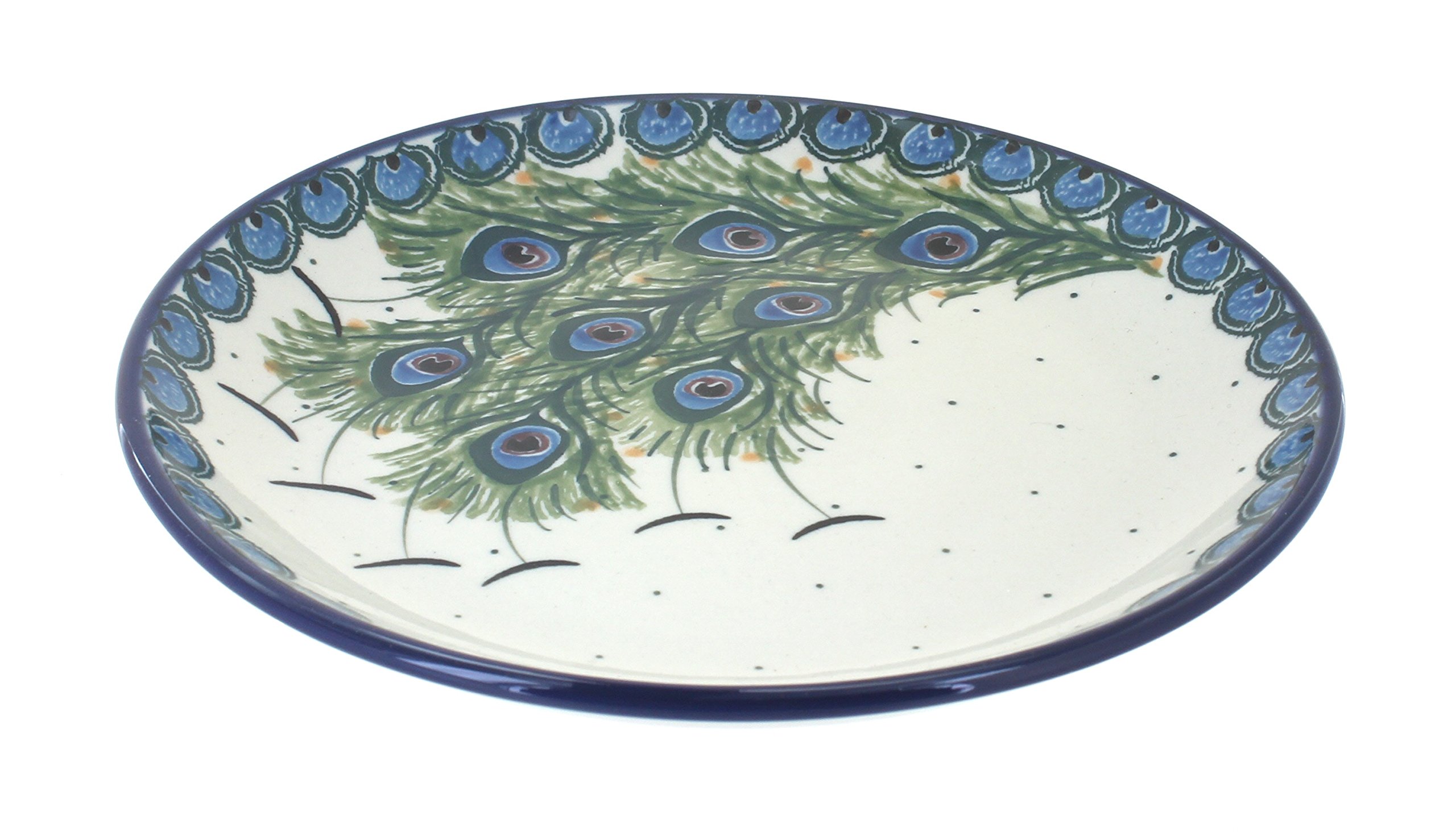 Hand-Painted Blue Rose Polish Pottery Peacock Feather Dessert Plate - Elegant Serving Dish for Tea Parties, Weddings & Home Decor
