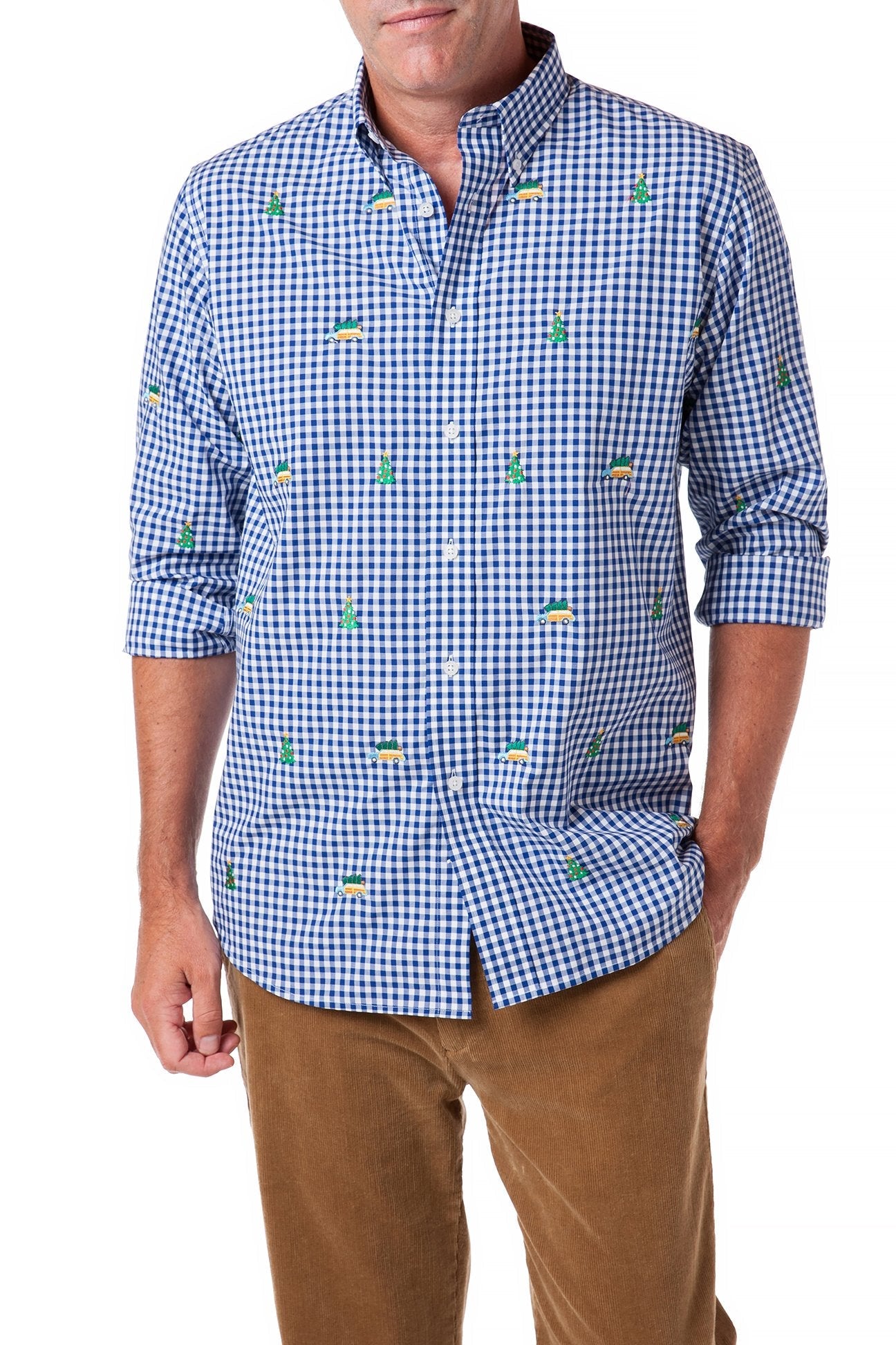 Straight Wharf Shirt Wide Gingham Royal Blue with Woody and Christmas Tree Print - Casual Button Down Shirt for Men - Perfect for Holiday Parties, Christmas Gatherings and Festive Office Wear