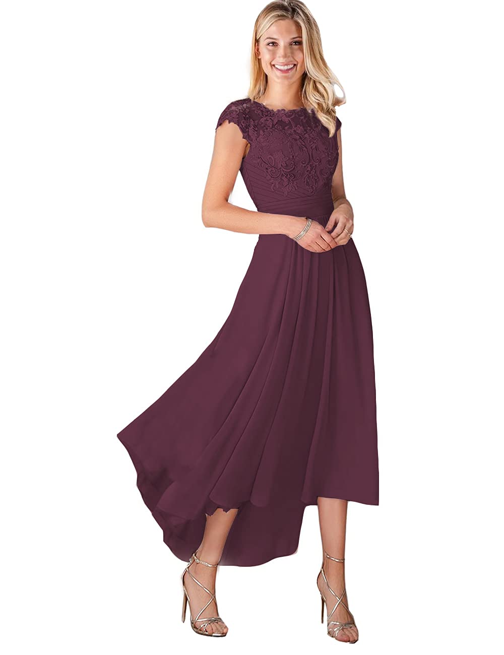Elegant Women's High-Low Prom Dresses with Pockets - Lace Chiffon Formal Evening Party Gowns with Sleeves P053 | Perfect for Homecoming, Prom Night, Wedding Guest & Special Occasions