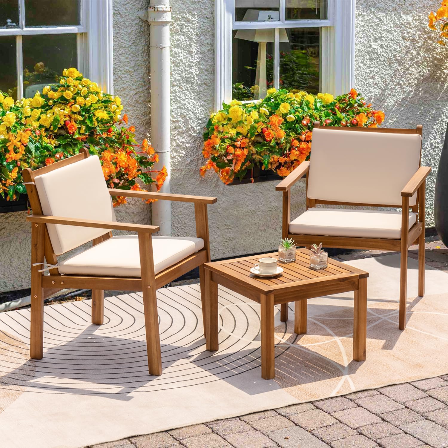 Greesum 3-Piece Outdoor Patio Furniture Set - Acacia Wood Bistro Sofa with 2 Chairs & Coffee Table, Includes Cushions - Perfect for Garden, Backyard, Poolside, Deck or Patio - White Weather-Resistant Conversation Set