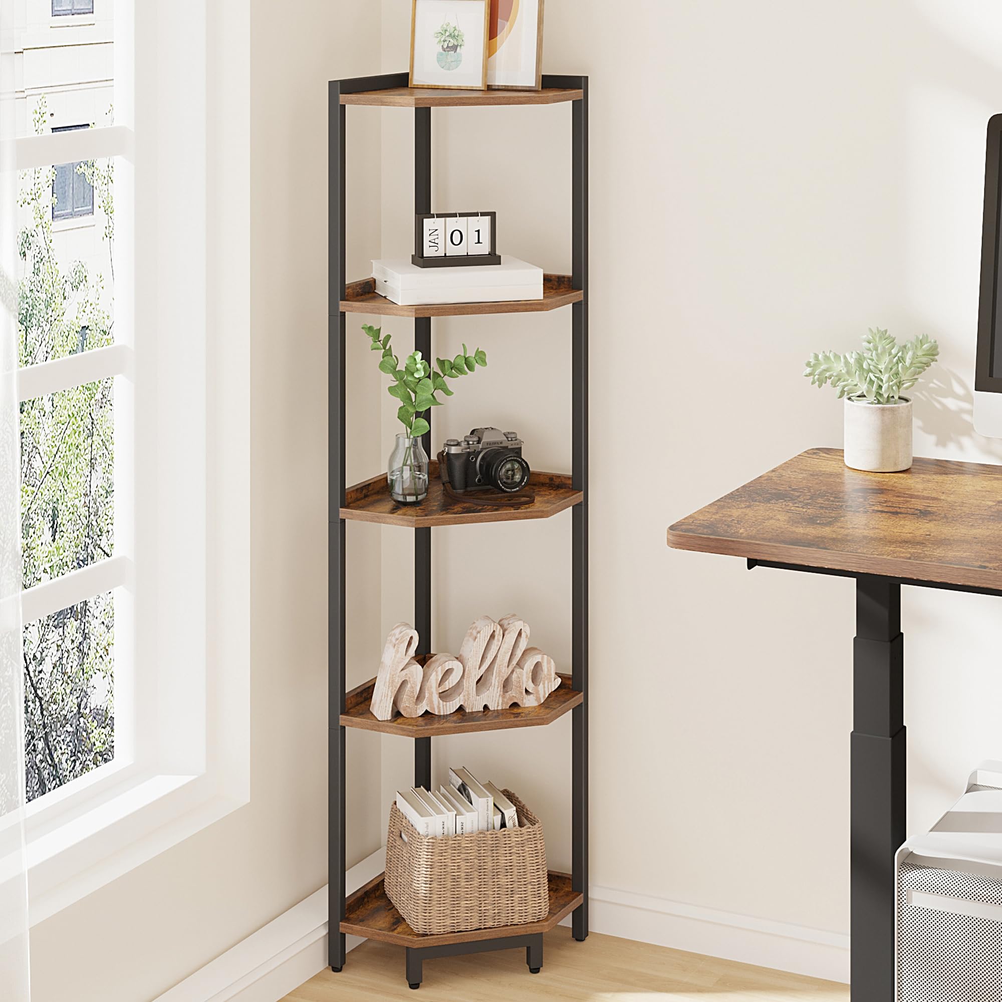 5-Tier Rustic Brown Corner Shelf Stand - Metal Frame Storage Bookshelf for Living Room, Home Office & Bedroom | Ideal for Plants, Books & Home Decor Organization