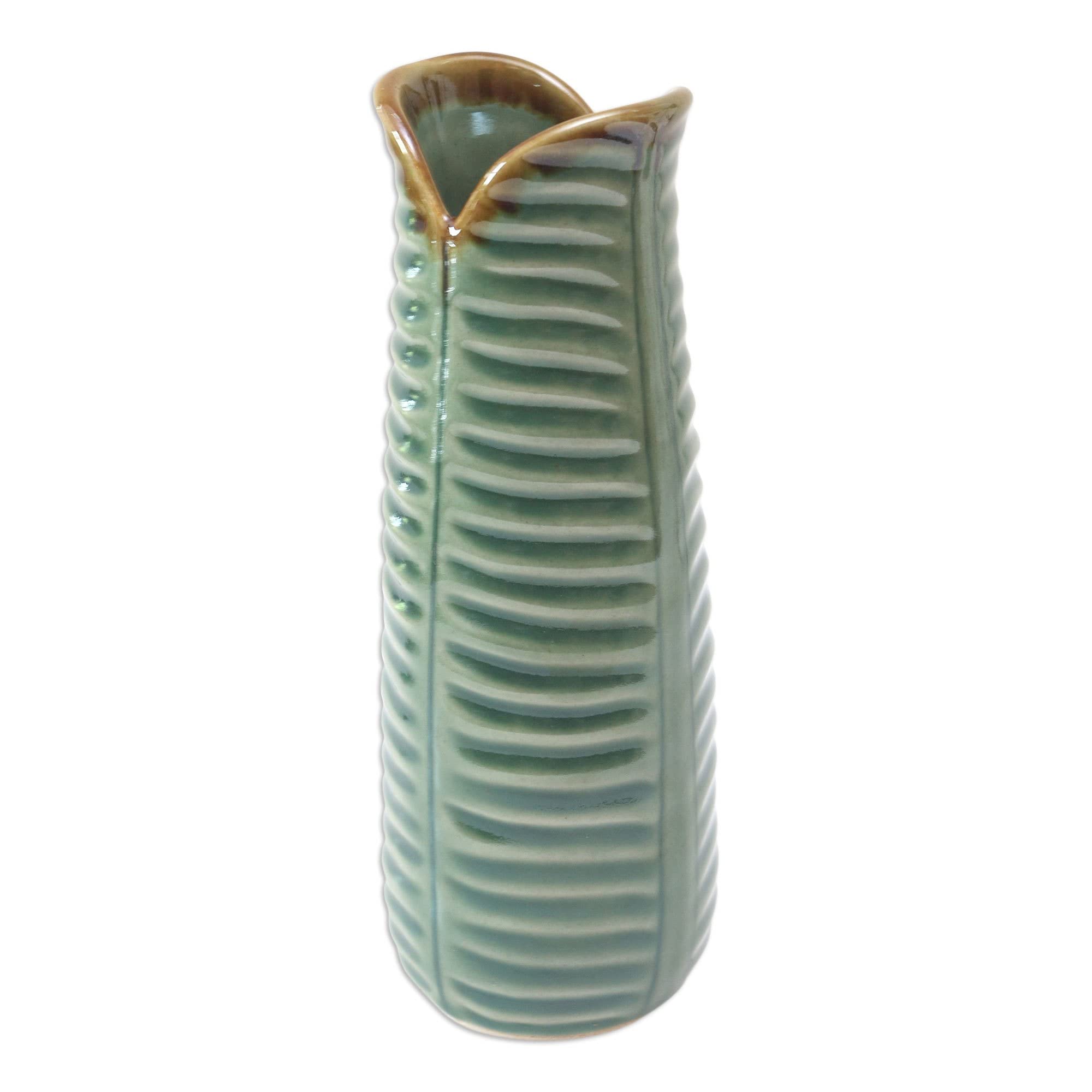 NOVICA Handcrafted Green Leaf and Tree Ceramic Vase Set - Nature Inspired Home Decor for Living Room, Dining Table & Wedding Centerpieces (Pair)
