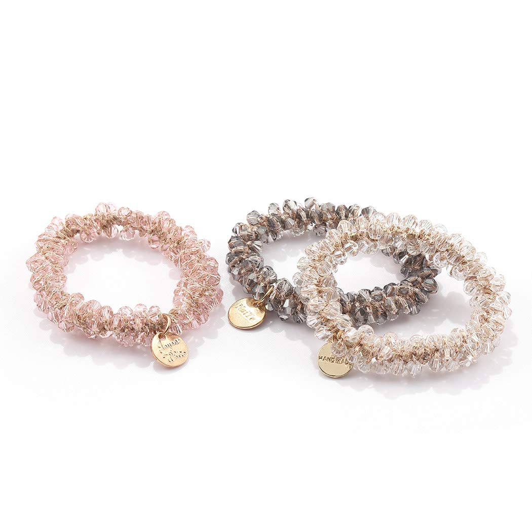 Brinie White Elastic Hair Scrunchies with Crystal Beads - 3 Pack Hair Ties & Ponytail Holders for Women & Girls - Perfect for School, Work, Gym & Everyday Styling