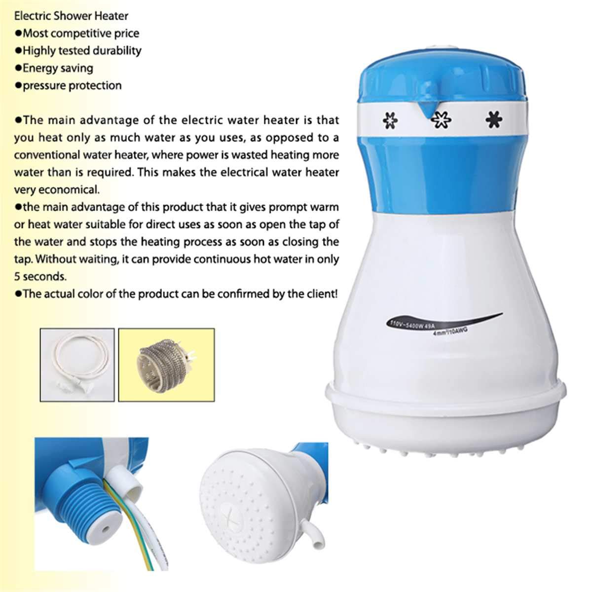 5400W Instant Hot Electric Water Heater - 110V Fast Heating Shower Head with 3 Adjustable Gears - Perfect for Bathroom, RV, Camping & Off-Grid Living