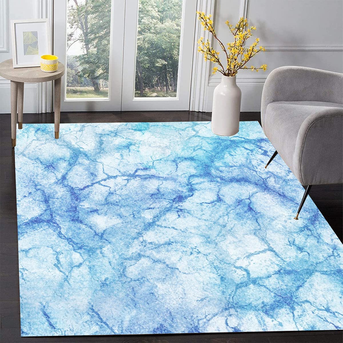 Vintage Distressed Blue White Modern Abstract Area Rug 7x10 - Non-Shedding Soft Thick Carpet for Living Room, Bedroom, Dining Table & Kitchen - Boho Chic Indoor Rug Perfect for Playroom, Laundry & High Traffic Areas