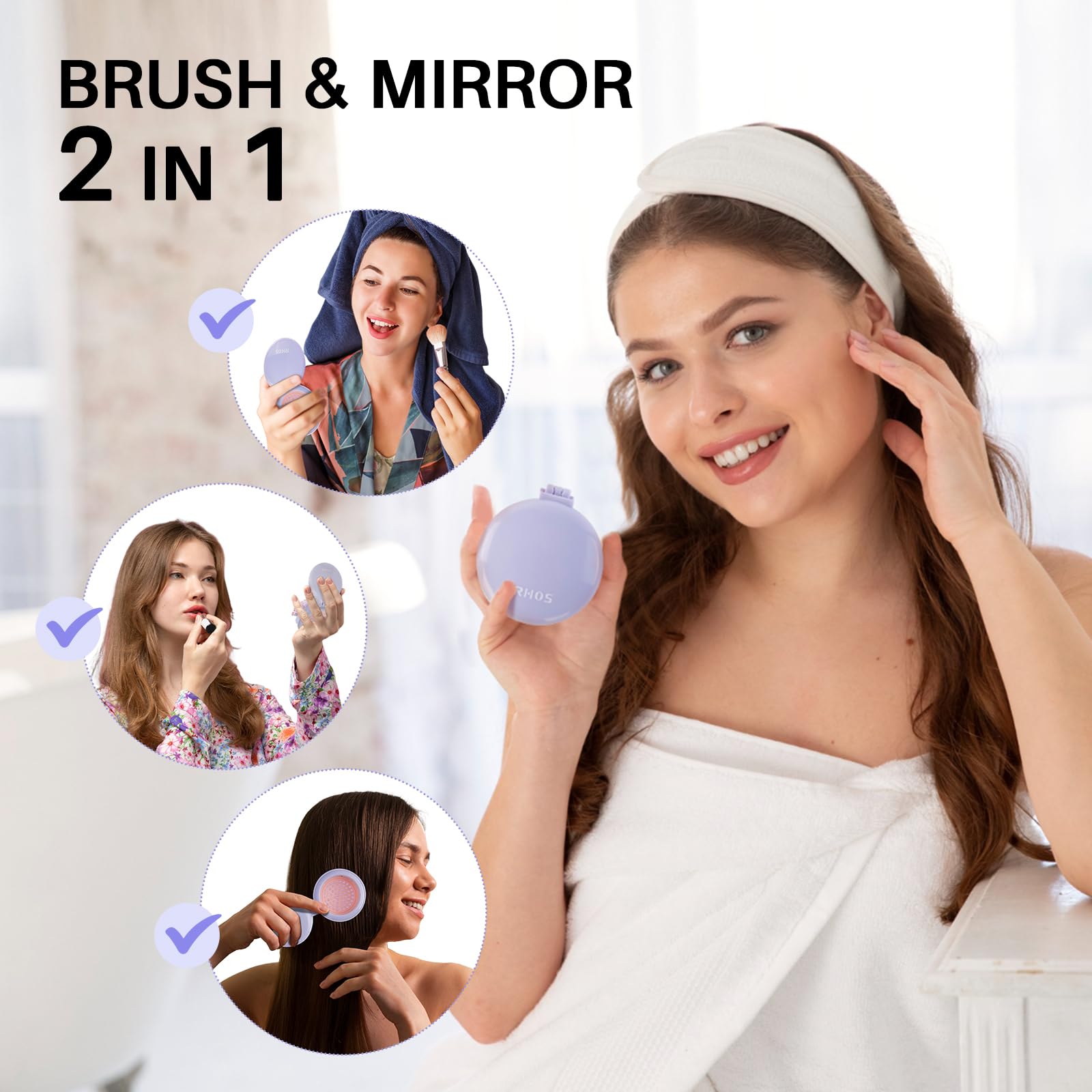 RHOS Compact Folding Hair Brush with Mirror for Women & Girls - Soft Nylon Bristles Travel Brush - Portable Mirror Comb for Purse, Gym Bag & On-the-Go Styling (Purple)