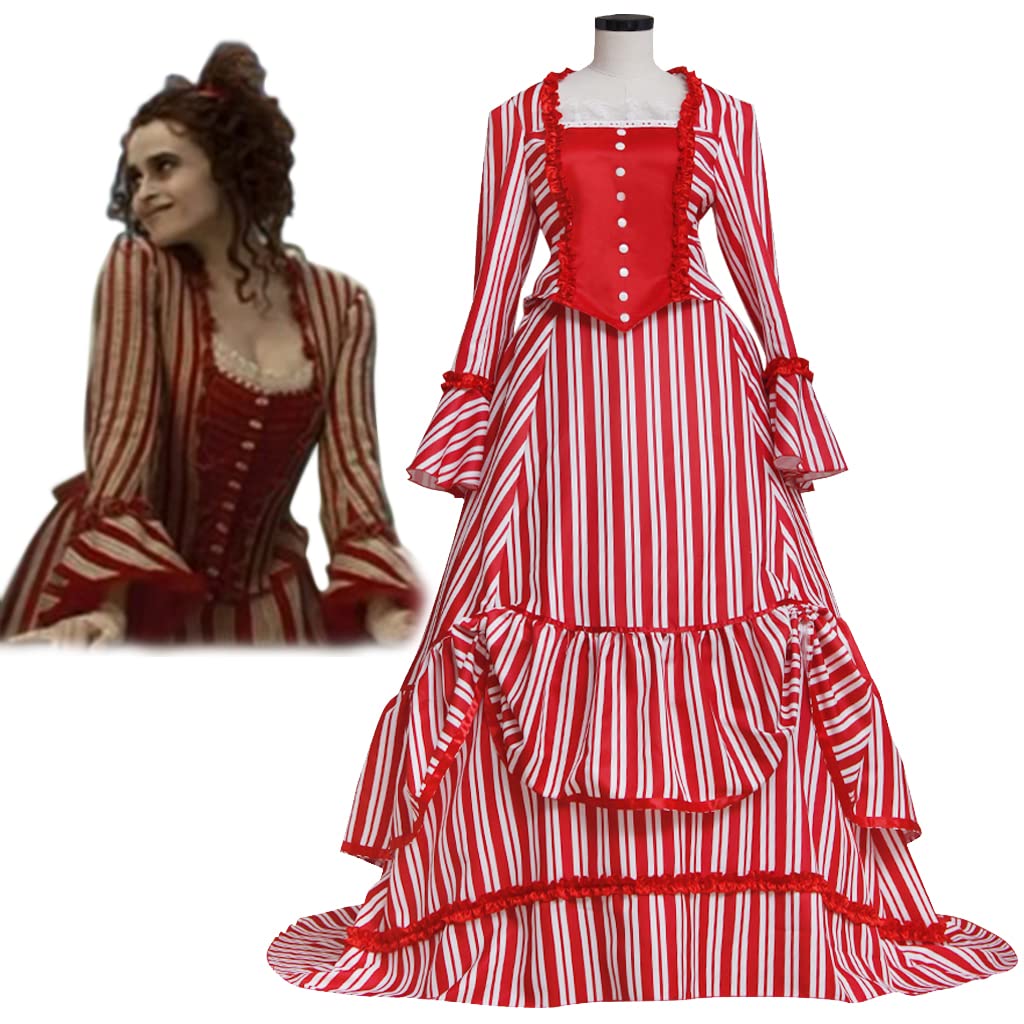 RocailleCos Sweeney Todd Mrs. Lovett Victorian Bustle Cosplay Dress - Red & White Striped Gown for Women | Halloween Costume, Theater Performance, Steampunk Convention