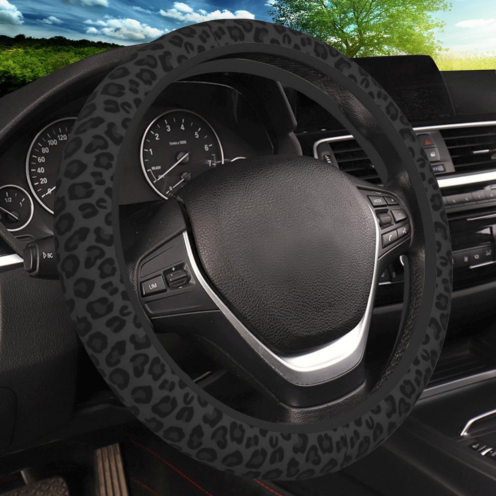 Black Leopard Print Cheetah Elastic Steering Wheel Cover - Non-Slip Breathable Neoprene Car Accessory for Women - Universal 15 Inch Fit for Cars, SUVs, Trucks - Perfect for Daily Commute, Road Trips & Stylish Driving