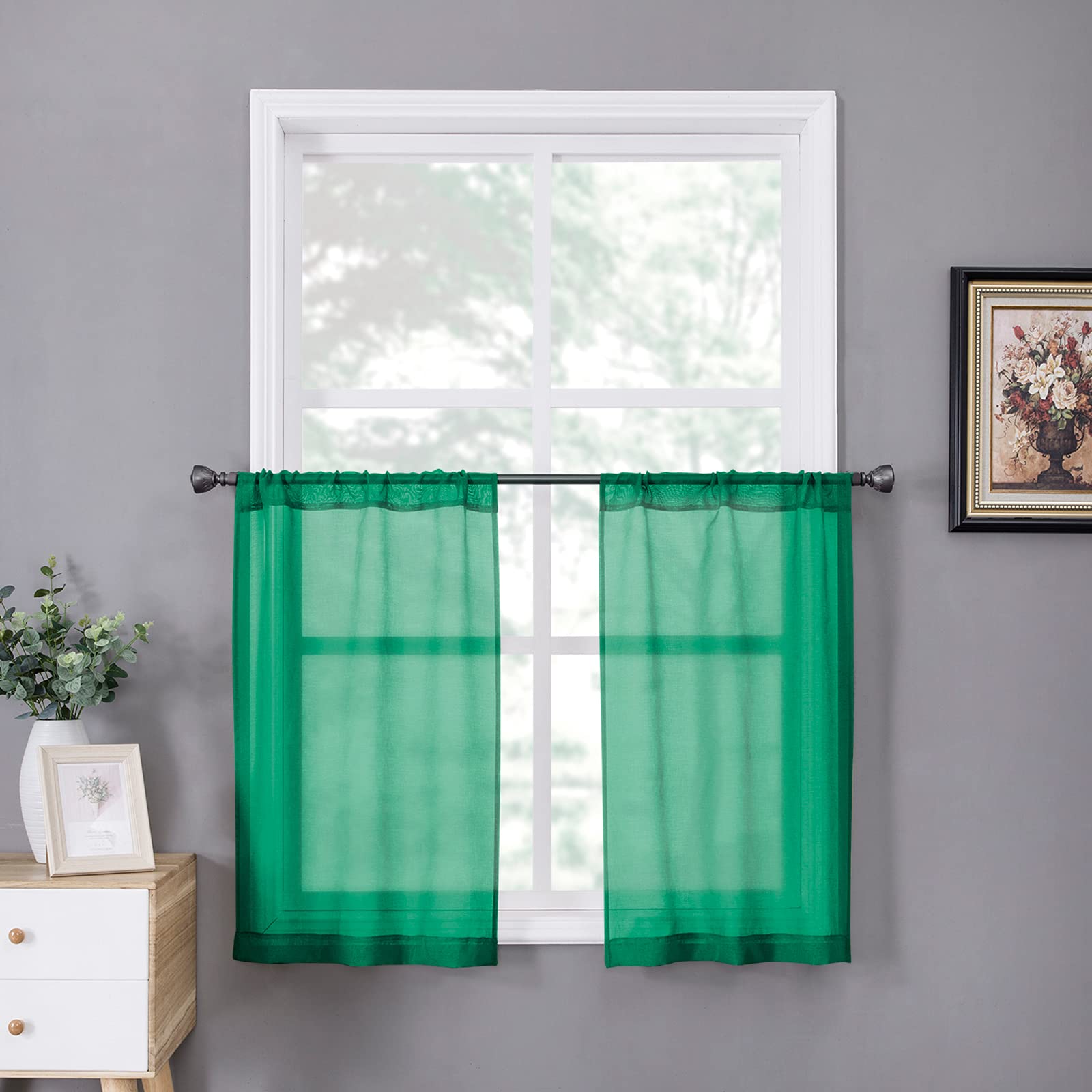 Tollpiz Sheer Tier Curtains - Light Filtering Linen Textured Half Kitchen & Bathroom Window Curtains - Set of 2 Panels (25 x 24 Inches, Ultramarine Green) - Perfect for Small Windows, French Doors & Cozy Spaces