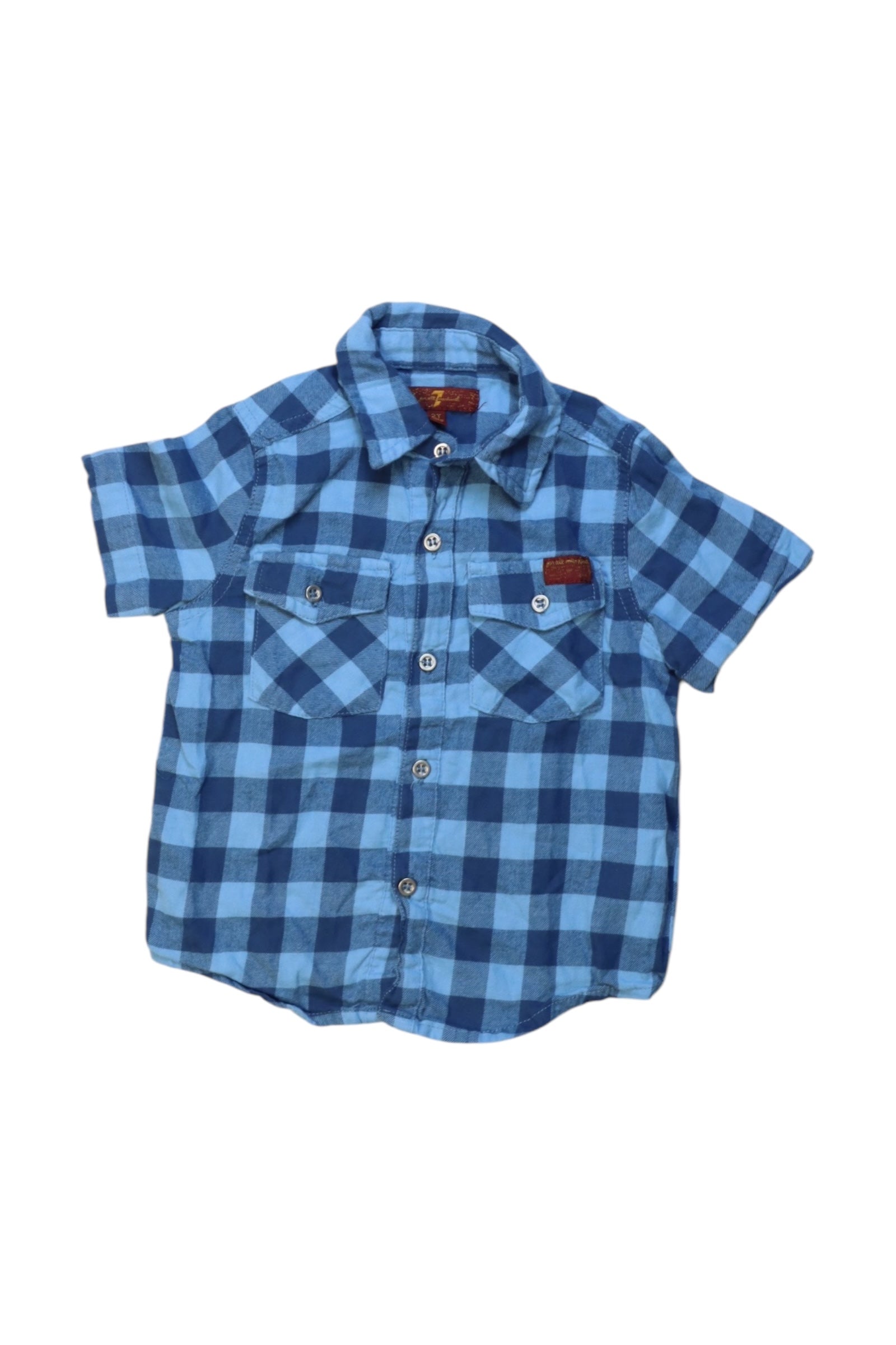 7 For All Mankind Boys' 2T Checkered Short Sleeve Button Down Shirt - Stylish Casual Wear for Toddler Playdates & Family Outings