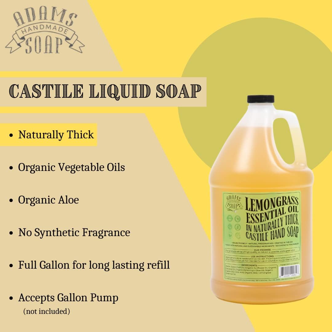 Adams Handmade Liquid Hand Soap 1 Gallon (4 Pack) - Natural Lemongrass Scent for Kitchen, Bathroom & Office - Gentle Moisturizing Formula for Daily Hand Washing