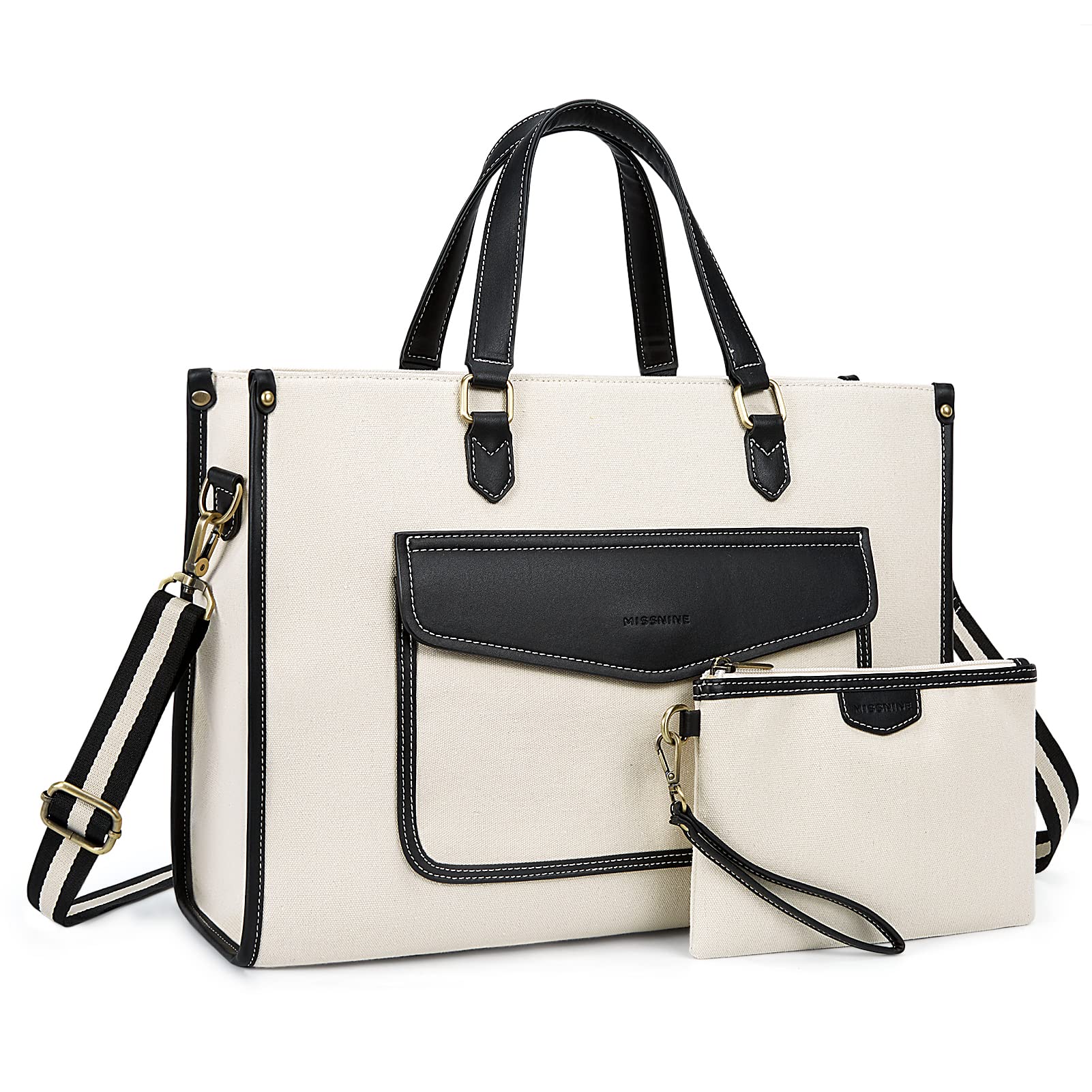 Missnine 15.6 Inch Laptop Tote Bag for Women - 2PCS Canvas Work Shoulder Bag Set with Clutch Purse | Durable & Stylish Computer Bag for Travel, Business Office, College University & Daily Commute