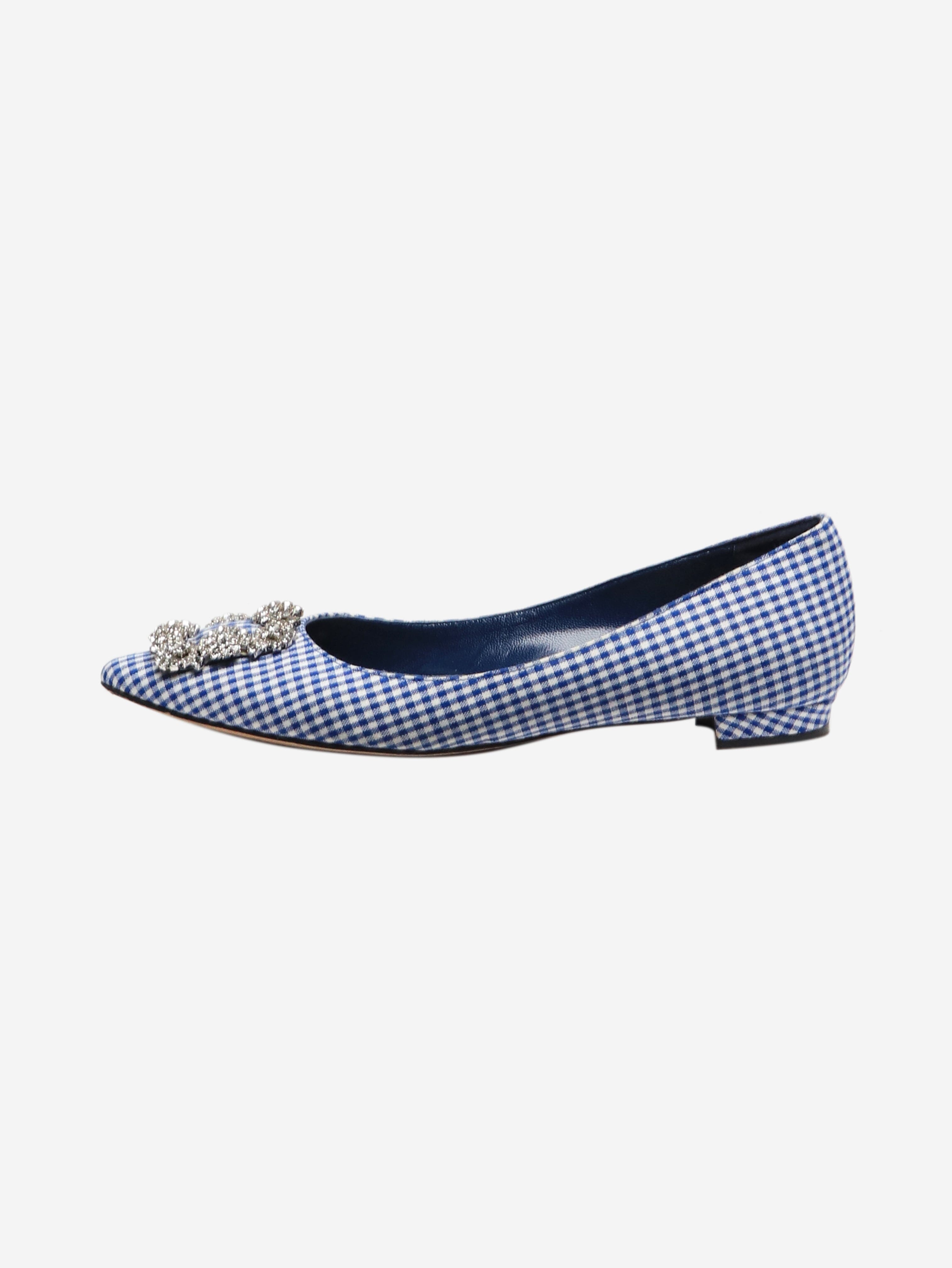 Blue and White Gingham Flat Shoes - Women's Size EU 37 (US 6.5) - Comfortable Casual Loafers for Walking, Office, and Everyday Wear