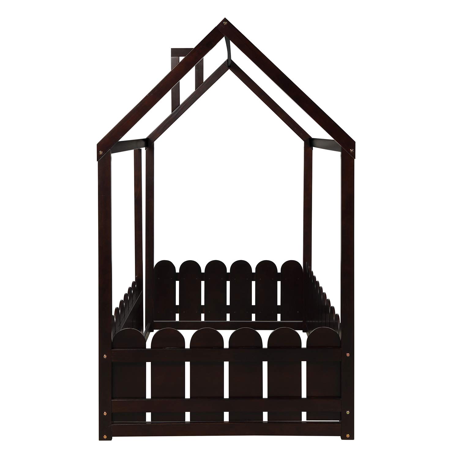 **Premium Twin Wood House Bed Frame with Safety Fence - Playhouse Design for Kids, Teens, Boys & Girls (Espresso) - Perfect for Bedrooms, Playrooms & Montessori Spaces**