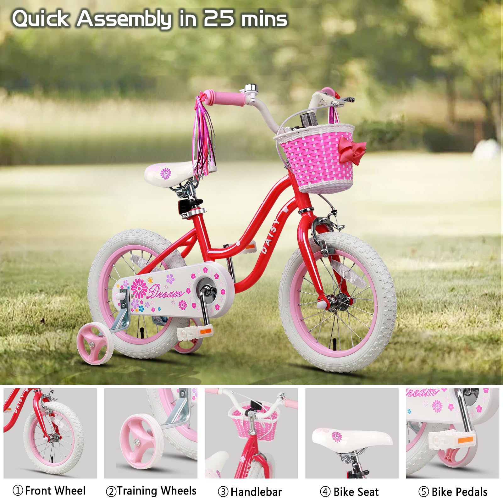 **Daisy Princess Girls Bike for Kids Ages 2-7 Years Old - 12, 14, 16 Inch Toddler Bicycle with Training Wheels, Basket & Streamers - Multiple Colors - Perfect for Outdoor Play, Birthday Gifts & Learning to Ride**