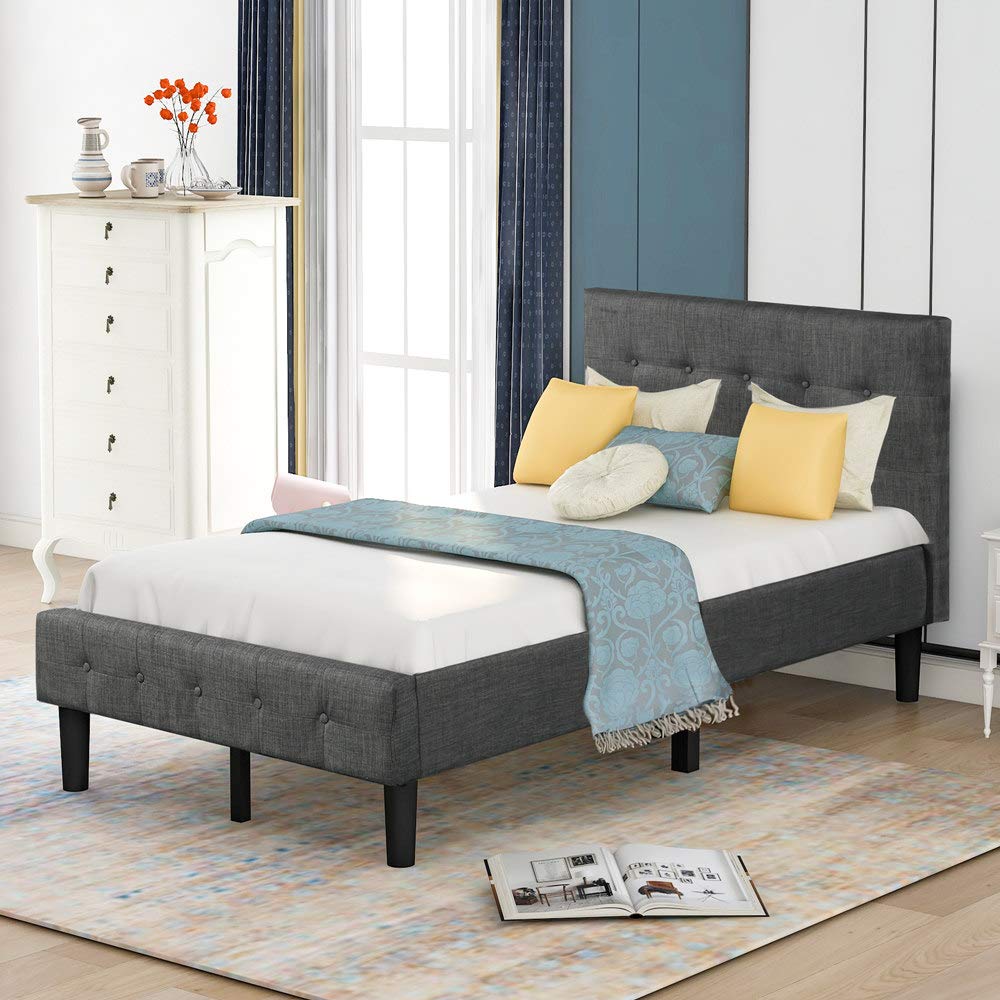 **Upholstered Wood Platform Bed Frame with Tufted Headboard - Twin Size, Wood Slat Support, No Box Spring Needed, Gray - Perfect for Modern Bedrooms & Guest Rooms**
