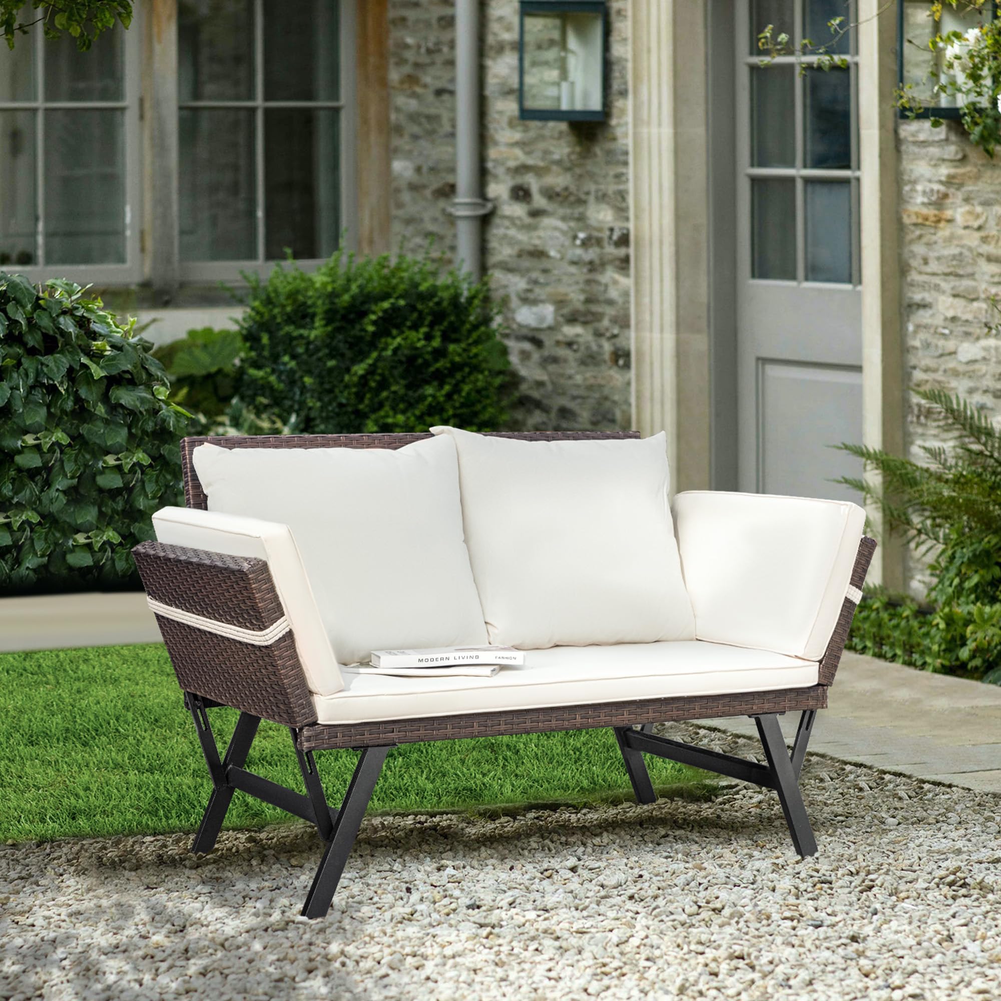 **Greesum Outdoor Sofa Set - Woven Rattan Patio Furniture with Convertible Daybed & Adjustable Armrests - Includes Cushions & Beige Pillowcases - Perfect for Yard, Porch, Poolside & Garden Lounging**