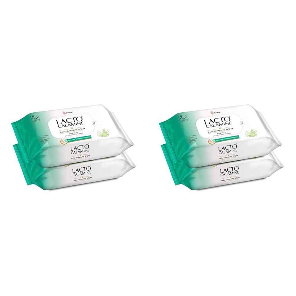 Lacto Calamine Daily Cleansing Facial Wipes - 25 Count (Pack of 4) | Aloe Vera, Cucumber & Vitamin E Infused Makeup Remover Wipes | Hydrating, Refreshing & Soothing | Paraben & Alcohol Free | Perfect for Travel, Gym & On-the-Go Skincare