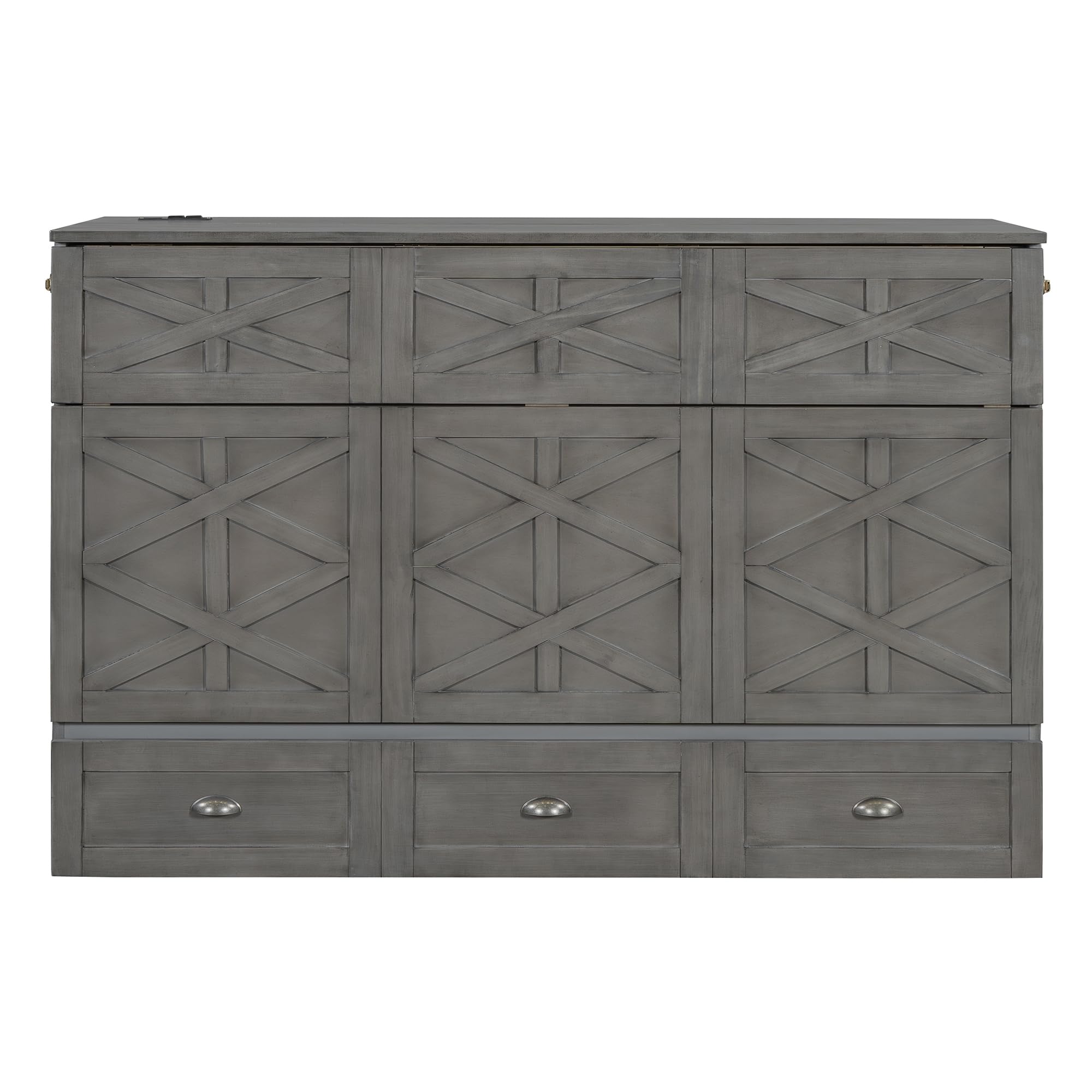 Queen Size Murphy Bed with Storage Drawers & USB Charging Station - Space Saving Wall Bed Cabinet for Home Office, Guest Room & Small Apartments - Brushed Gray Finish - Easy Pull Down Mechanism for Comfortable Sleeping