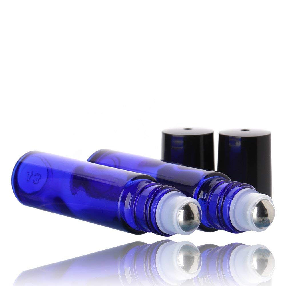 DINEMART 10ml (1/3oz) Empty Glass Roll On Bottles with Stainless Steel Roller Ball - Cobalt Blue Aromatherapy Bottles for Essential Oils, Perfume & Lip Balm (Set of 3) - Perfect for DIY Skincare, Travel & Gift Packaging