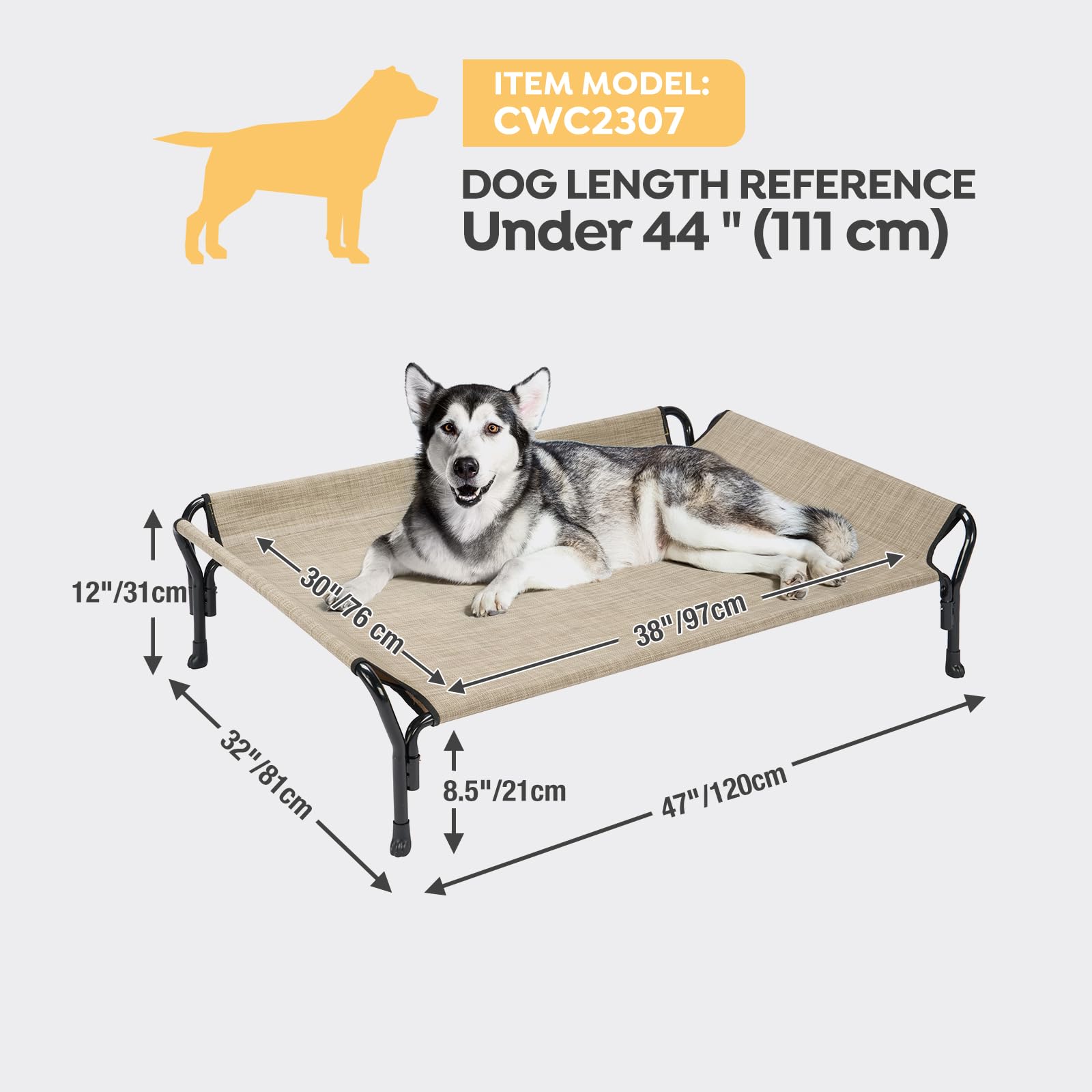 Veehoo Cooling Elevated Dog Bed for Large Dogs - Breathable Teslin Mesh, Durable Raised Cot with Guardrail & Slope Headrest - Indoor/Outdoor Dog Sofa Bed (Large, Beige Coffee) | Perfect for Backyard, Patio & Home Use