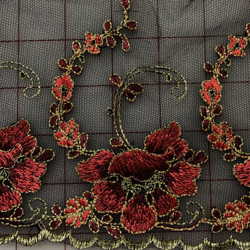 9 Inch Reversible Non-Metallic Tulle Trim with Red Embroidered Flowers - Perfect for Wedding Decor, DIY Crafts, and Costume Accessories