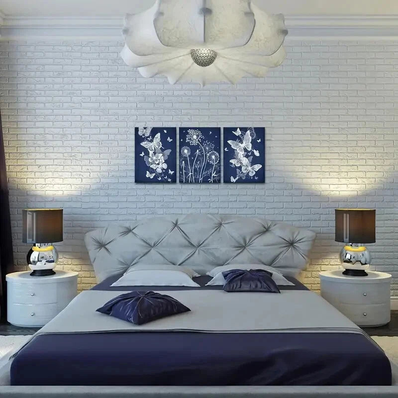 3-Piece Blue Butterfly & Dandelion Navy Blue Metal Wall Art - Ready to Hang Home Decor for Living Room, Bedroom, or Office