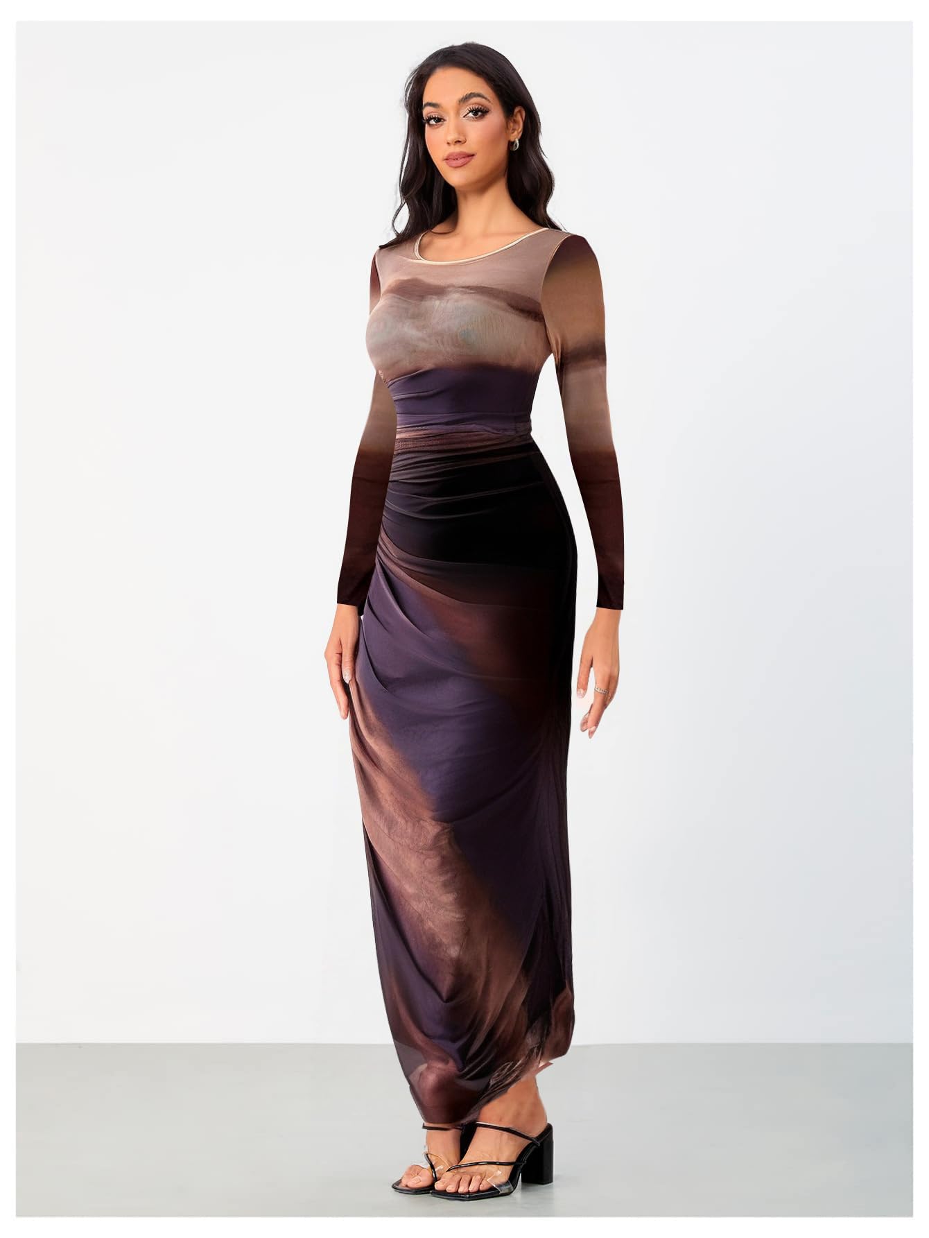 Women's Tie Dye Ruched Long Sleeve Bodycon Maxi Dress - Slim Fit Mesh Party Dress for Night Out, Date Night & Special Occasions