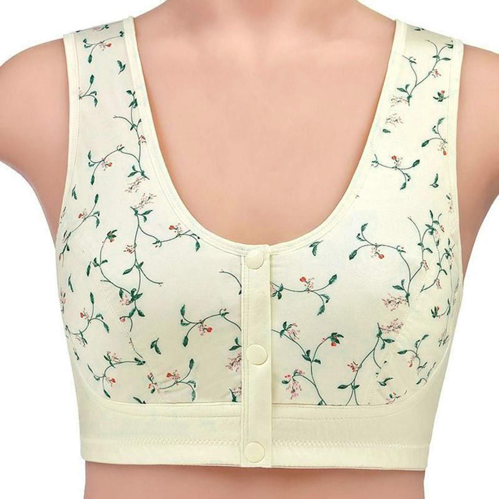 Floral Print Front Vest Ring Women's Wireless Bra - Plus Size Comfortable No Steel Button Bras for Everyday Wear & Layering