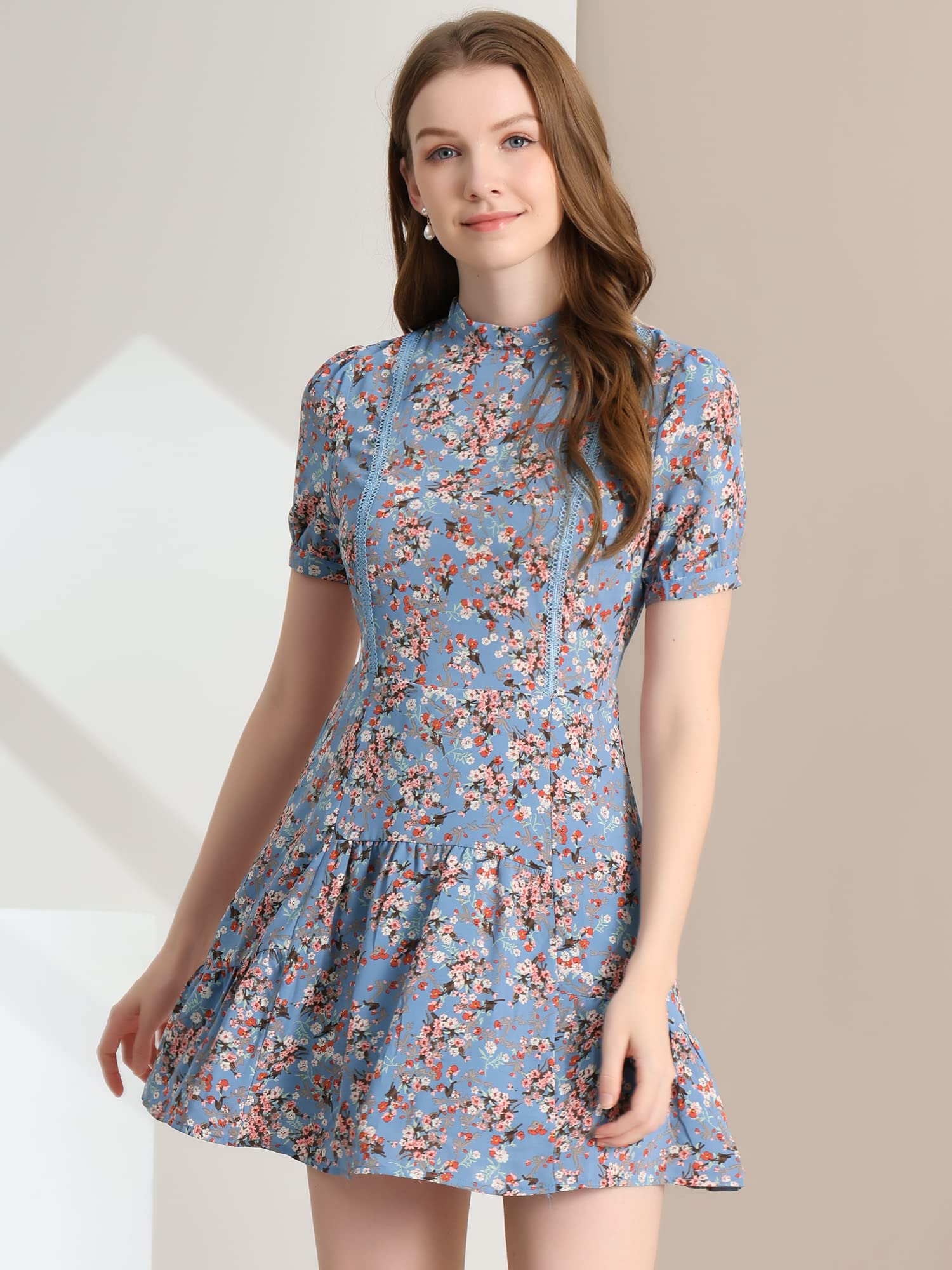 Allegra K Women's Floral Summer Dress - Short Sleeve Self Tie Mini Dress for Casual Outings, Beach Vacations & Date Nights