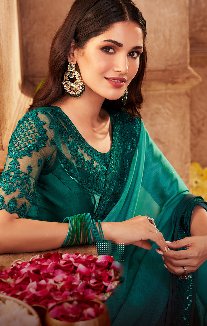 Elegant Green Silk Georgette Saree with Sequins Embroidery & Handwork Butta - Designer Indian Party Wear for Weddings, Festivals & Special Occasions