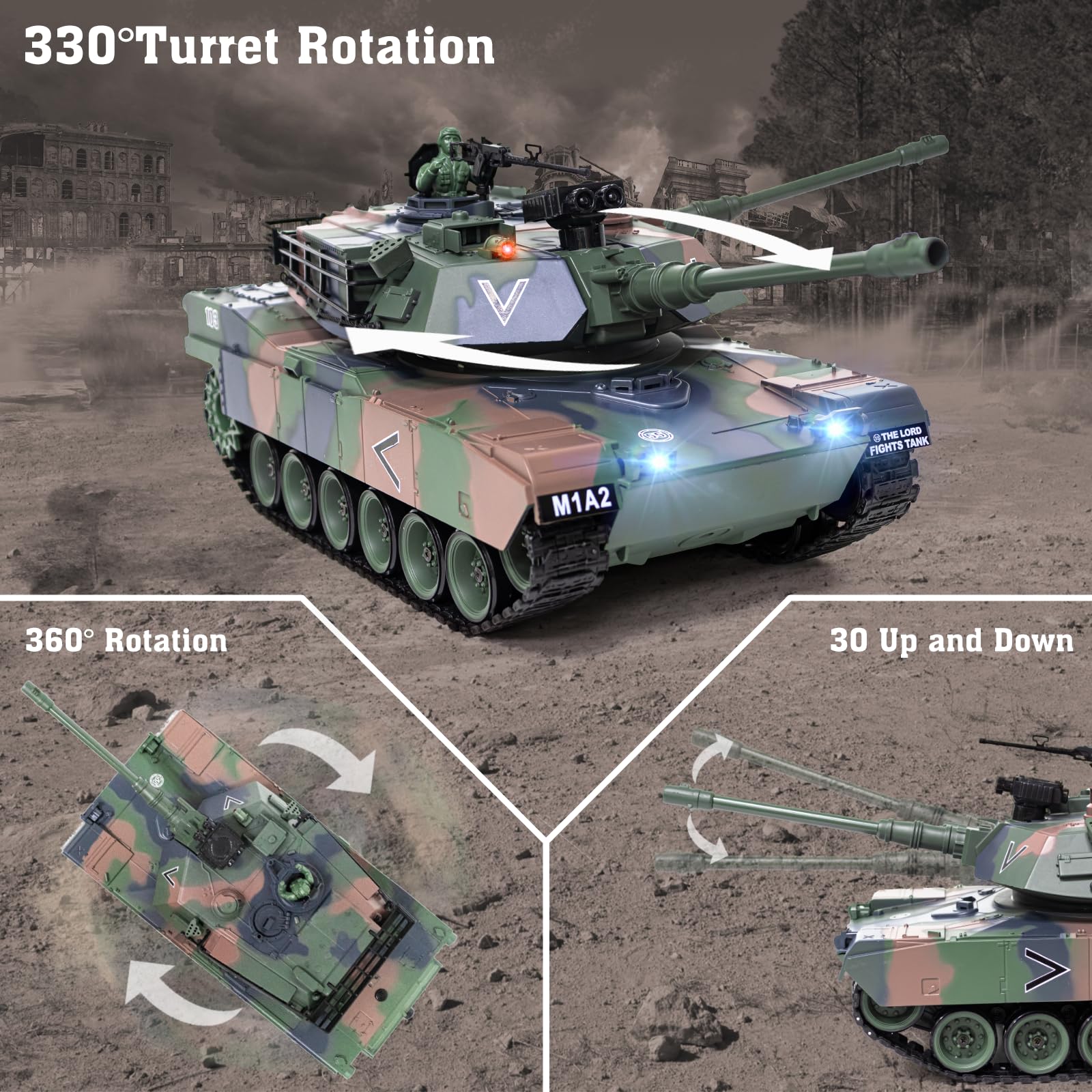 1:18 Scale RC M1A2 Abrams Battle Tank - 2.4Ghz Remote Control Military Toy with Smoke, Light & Sound Effects, 15 Channels, BBS/Water Bomb Launcher - Realistic Army Tank Model for Adults & Kids | Indoor/Outdoor Play, Collection Display, War Simulation Games