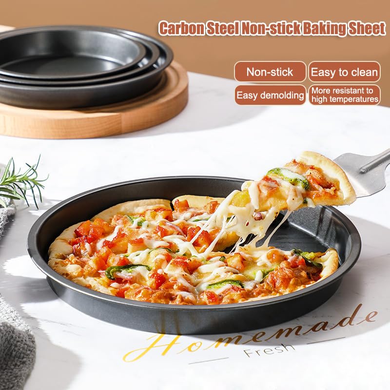 AKOAK 8-Inch Non-Stick Pizza Pan - Heavy Duty Carbon Steel Round Baking Pan for Oven, Stovetop & Grill - Perfect for Homemade Pizza, Bread, Cookies & More (Black)