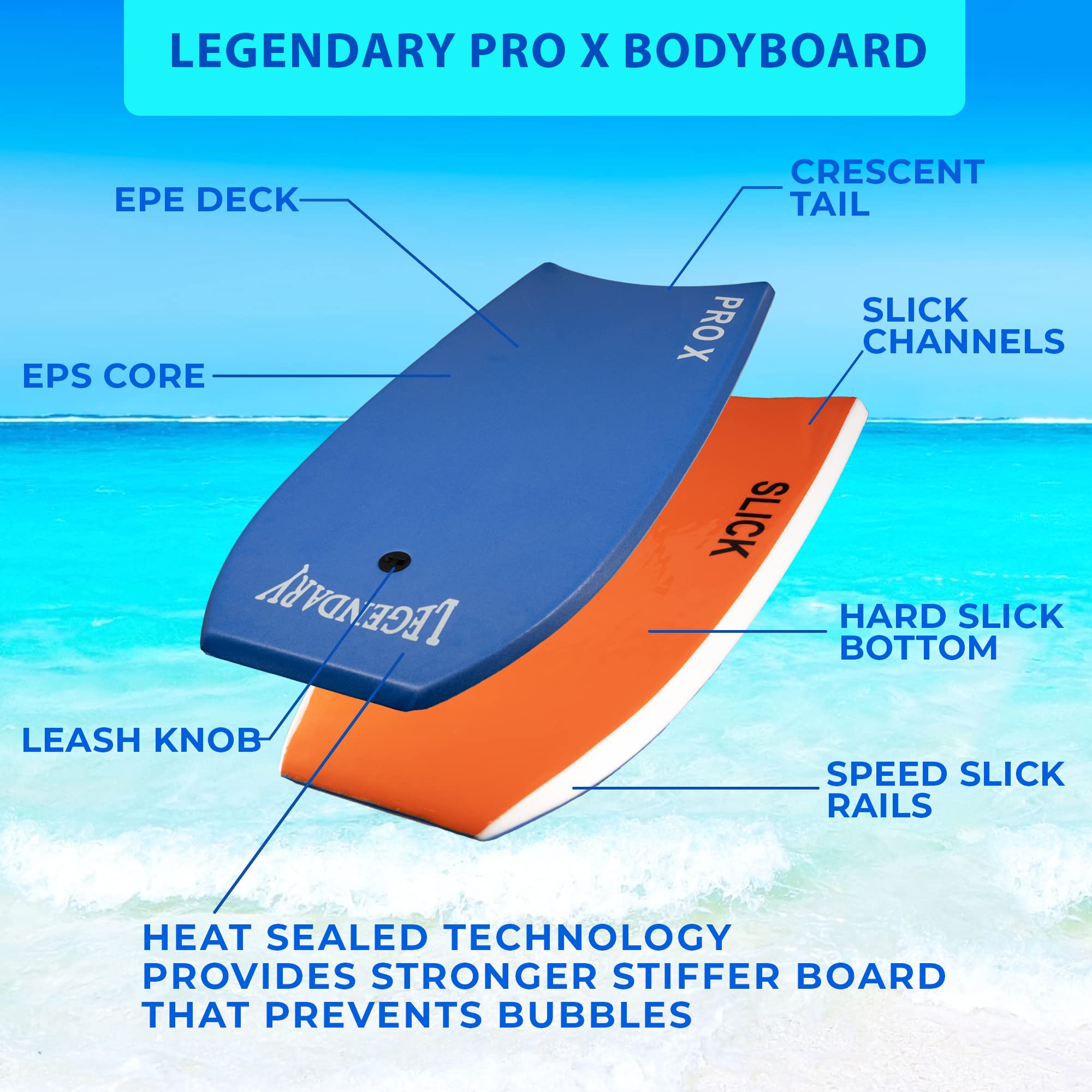 Legendary Pro X Bodyboard - Premium Hard Slick Bottom Boogie Board for Kids & Adults - Durable EPS Core with Heat Sealed Construction - Includes Leash - Perfect for Beach Waves, Surfing, and Water Sports