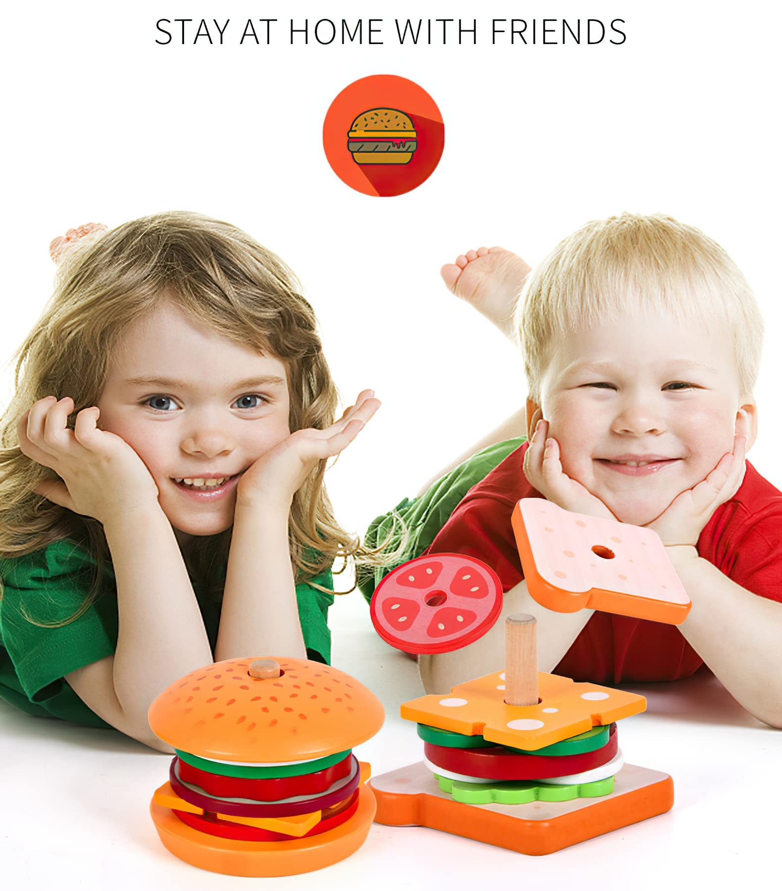 Wooden Burger Sandwich Stacking Toys for Kids - Montessori Learning Toys for Toddlers & Preschoolers to Develop Fine Motor Skills - Pretend Play Kitchen & Educational Stacking Game for Children
