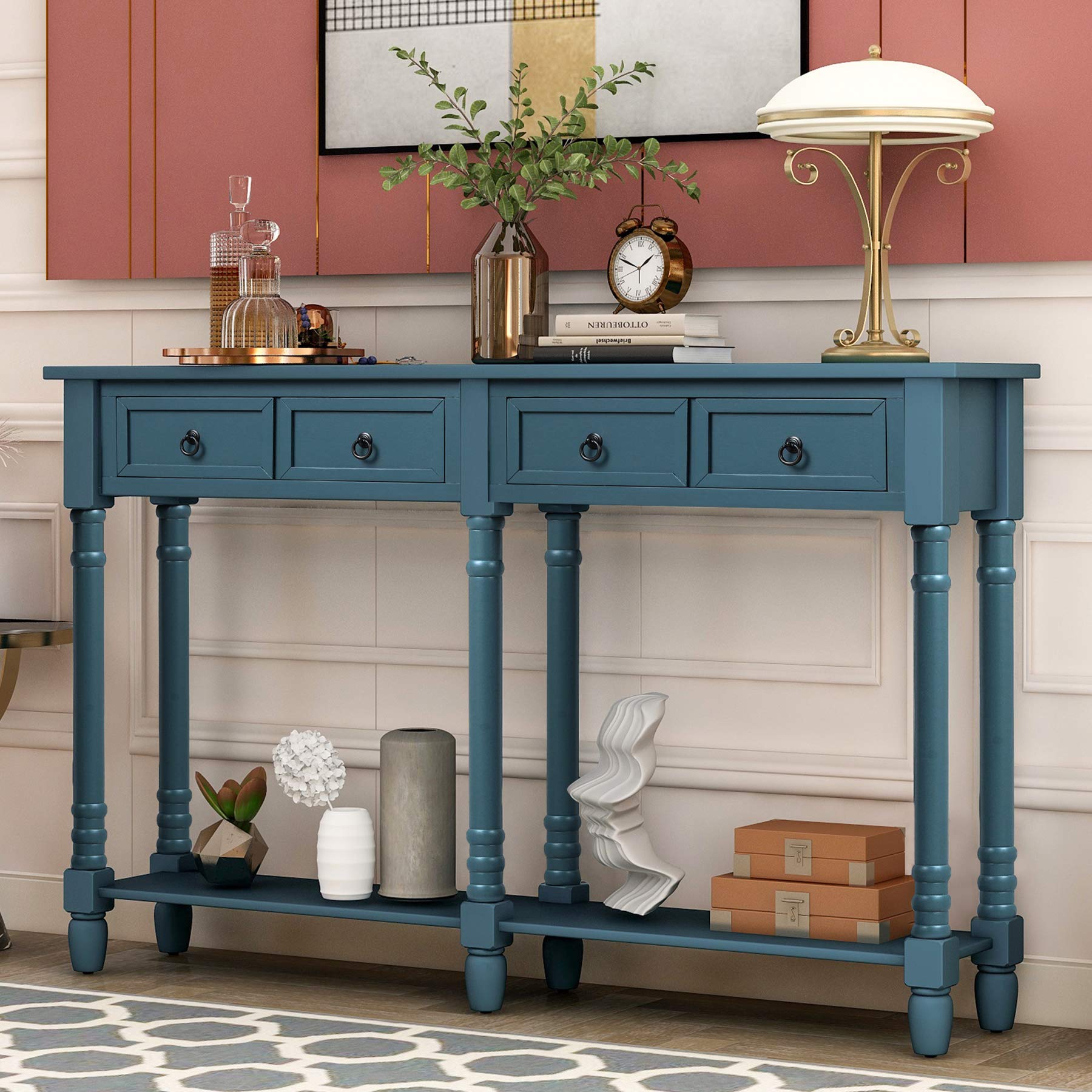 P PURLOVE Entryway Console Table with Storage - Antique Navy Sofa Table with Drawers & Shelf, Rectangular Living Room Hallway Table - Perfect for Small Spaces, Apartment Decor & Farmhouse Style Homes