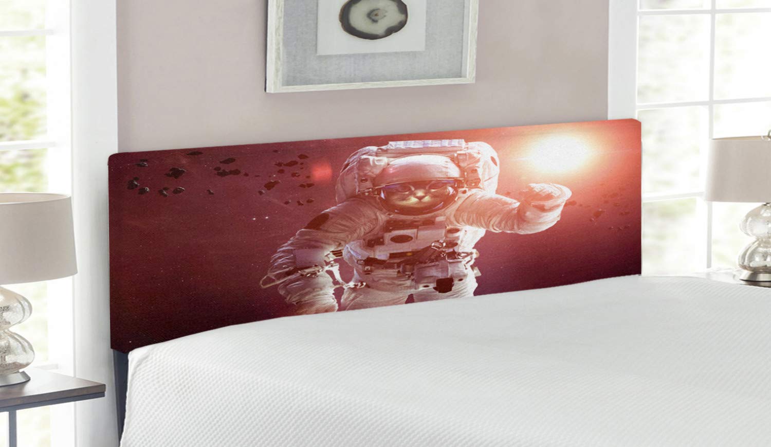 Ambesonne Space Cat Headboard - Queen Size Upholstered Metal Bed Frame with Memory Foam | Galaxy Astronaut Cat Design in White, Purple & Ruby | Perfect for Kids' Bedrooms, Space-Themed Decor & Pet Lovers