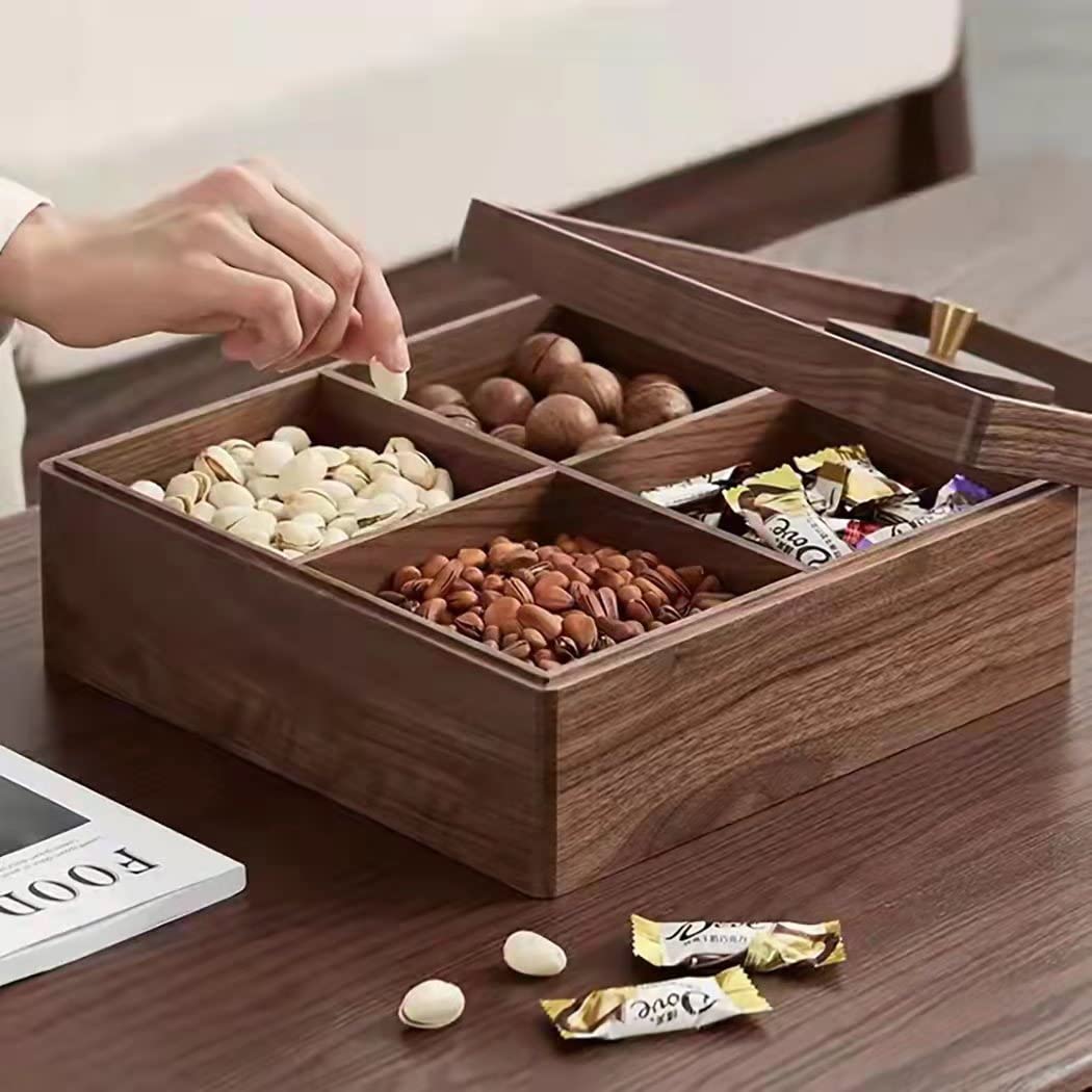 Premium Solid Black Walnut Wood Snack Storage Container - 4 Compartment Collectible Box with Glass Lid for Candy, Nuts, Chocolates & Dry Fruits | Perfect for Kitchen Countertop, Pantry Organization & Gift Giving